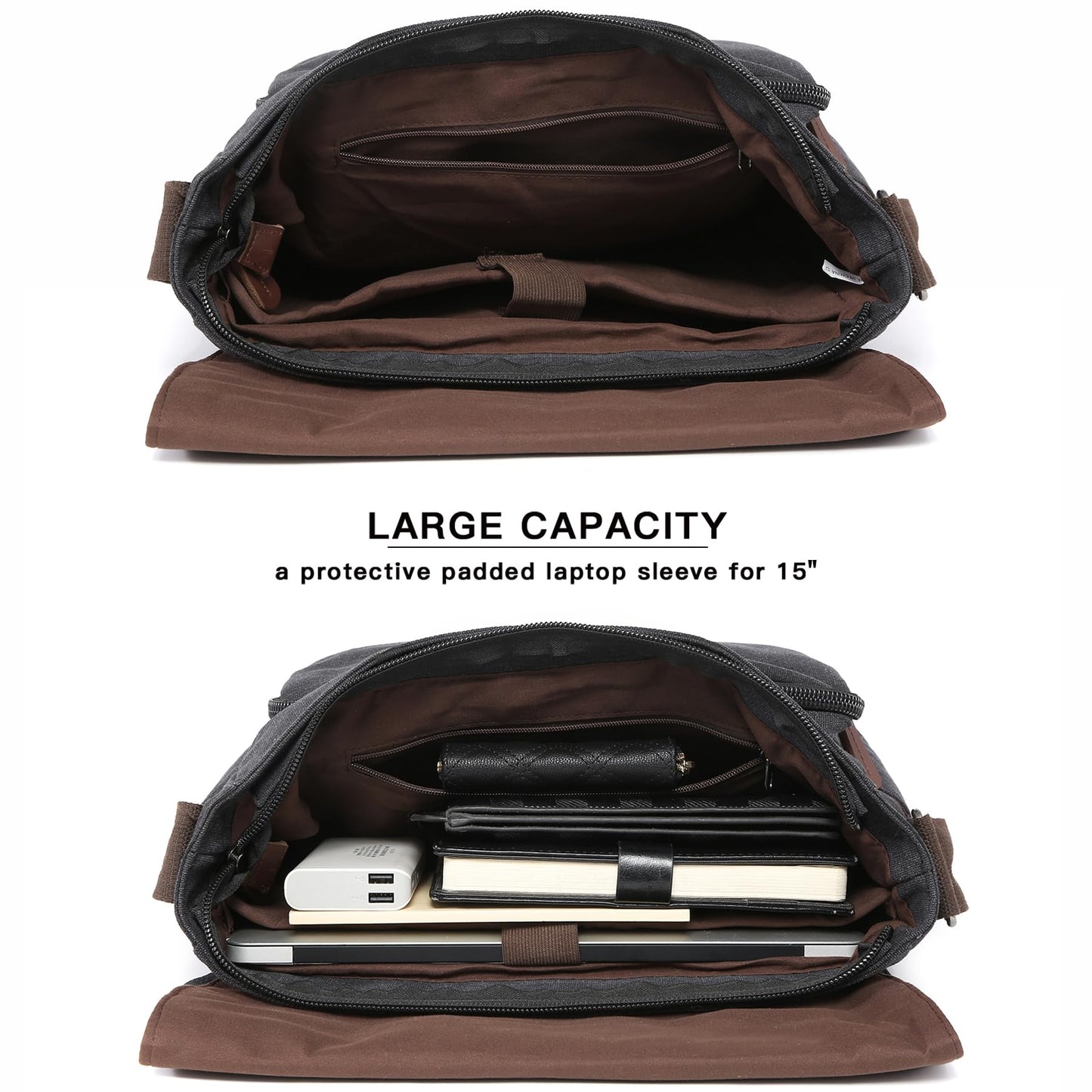 Dasein Large Vintage Canvas Messenger Shoulder Bag, Black, 15in Laptop