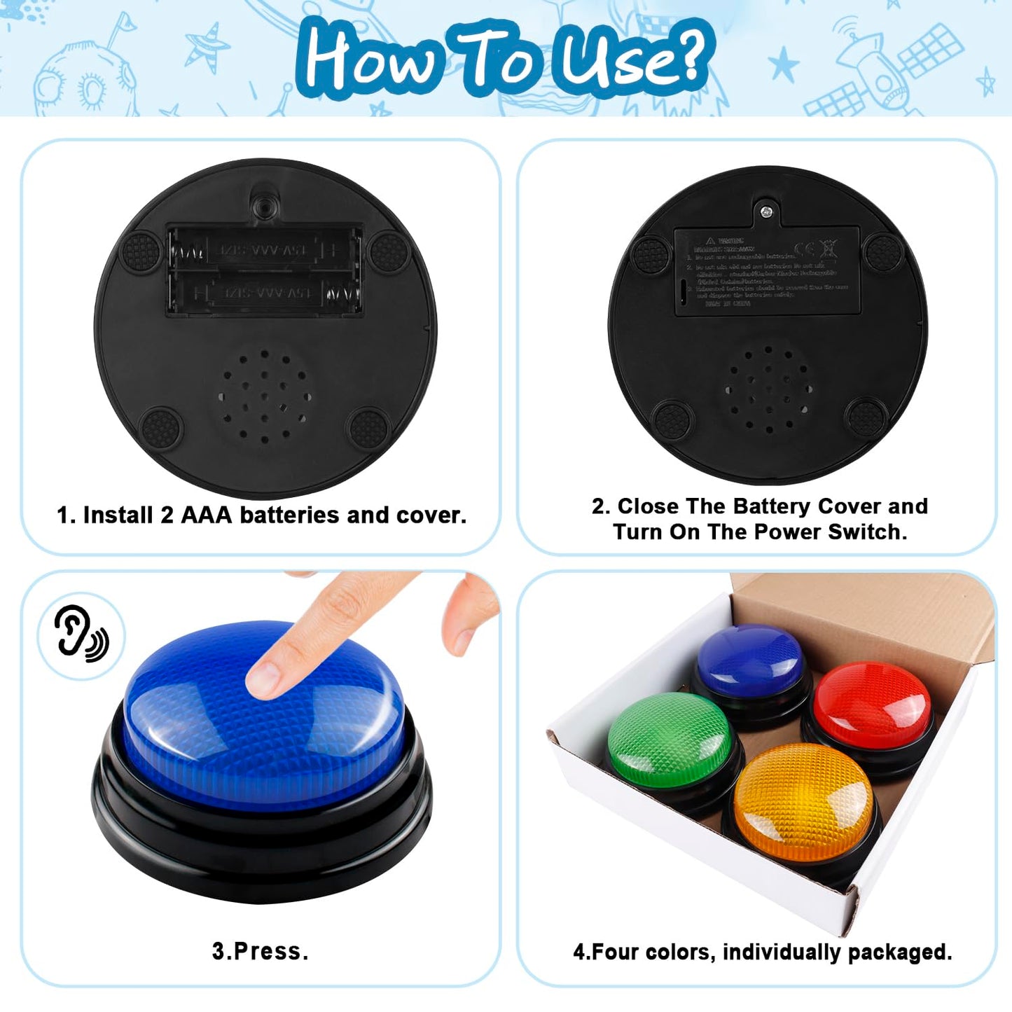 IBLESSU 4-Pack Buzzers for Trivia Games, Family Feud Jeopardy Buzzer, Game Buzzers with Lights and Sound, Answer Buzzers for Classroom, Buzzer for Game Show, Quizzes Party and Trivia Nights