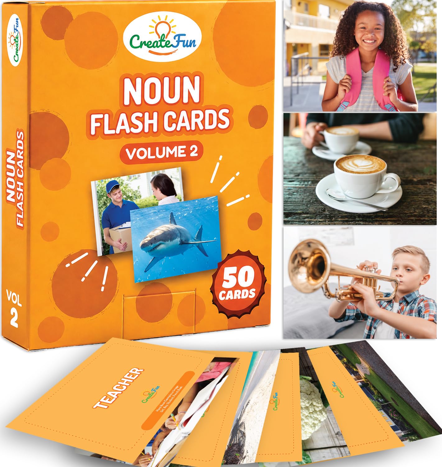 CreateFun Noun Flash Cards - 50 Educational Vocabulary Builder Picture Cards - 5 Learning Games - Toddlers, Preschool Teachers, Speech Therapy Materials and Special Education Supplies