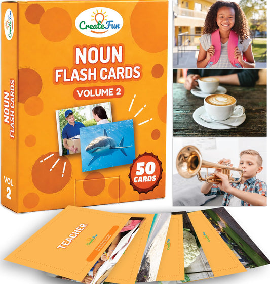 CreateFun Noun Flash Cards - 50 Educational Vocabulary Builder Picture Cards - 5 Learning Games - Toddlers, Preschool Teachers, Speech Therapy Materials and Special Education Supplies
