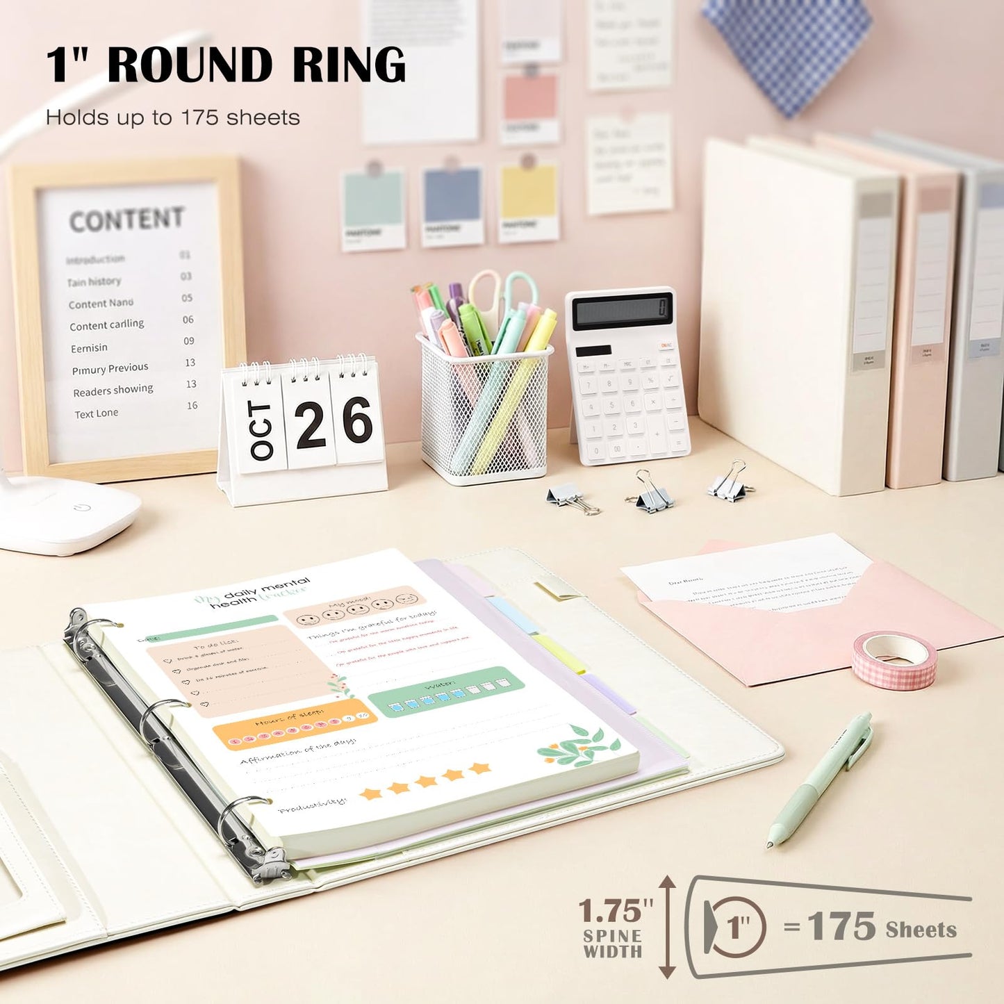 Ospelelf Leather 3 Ring Binder for Letter Size Documents with PVC Pocketed Dividers, Pencil Pouch & Notepad, 1 Inch Round Rings, Holds 175 Sheets, for Office School Home Organization, Flower White
