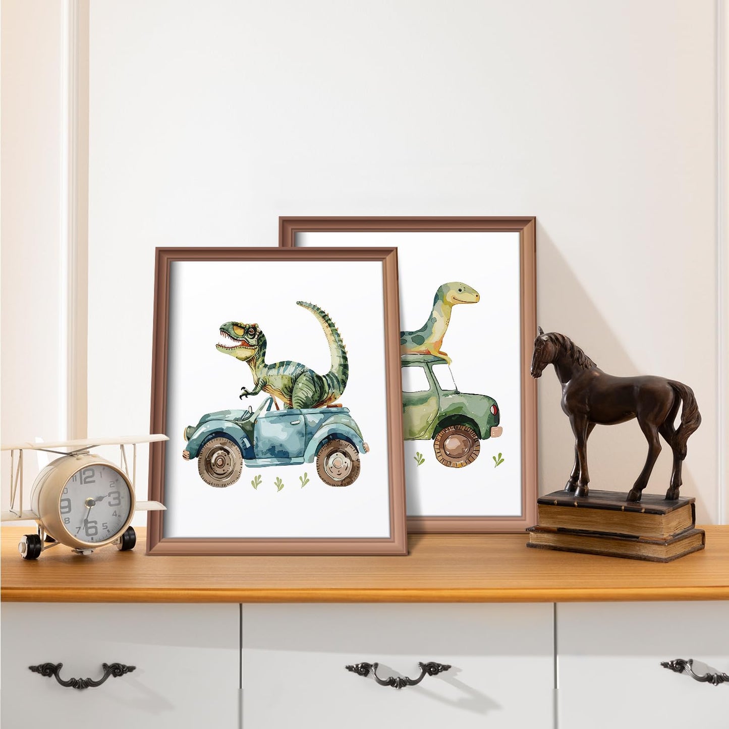 VONTP Dinosaur Nursery Wall Art Decor, Green Dino Construction Truck Boys Room Artwork for Kids Room Nursery Playroom, 8x10 Inch Set of 4 (Unframed)