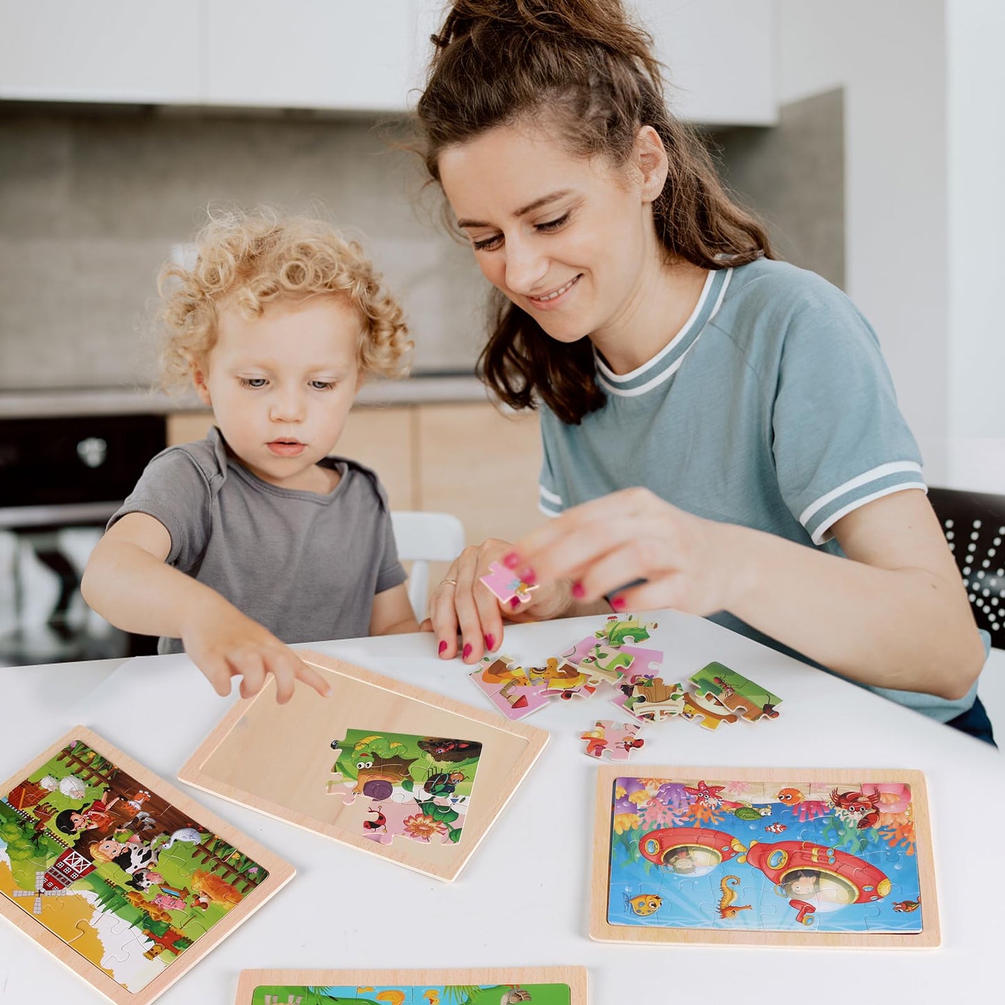 Wooden Puzzles Toys for Kids Ages 3-5, Set of 4 Packs with 20-Piece Farm, Animals Theme Wood Jigsaw Puzzles, Preschool Educational Brain Teaser Toys for Boys and Girls 3-6 Years Old.