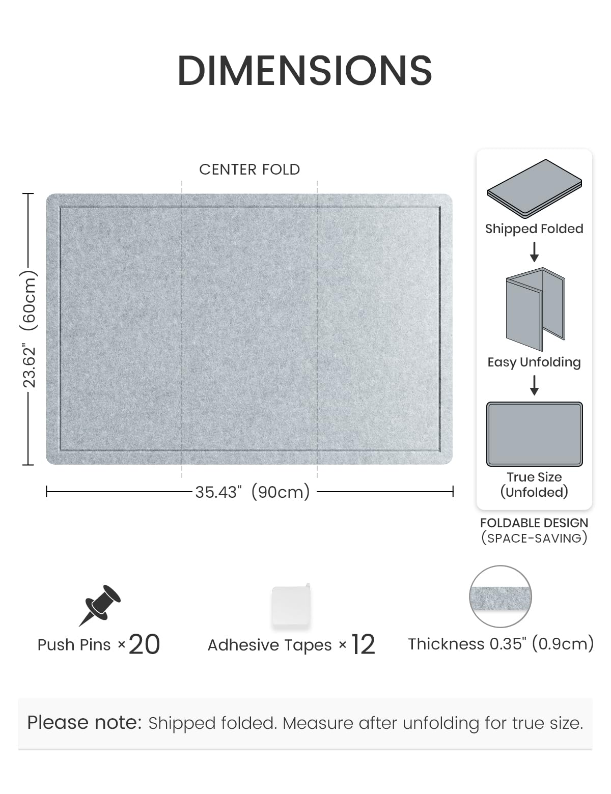 Fluxynara Bulletin Board,35.4" x 23.6" Cork Board Alternative with 12 Safe Removable Adhesive Tabs, Foldable Felt Pin Board for Home Office, Classroom, Bedroom,Entryway for Walls—Blue Gray