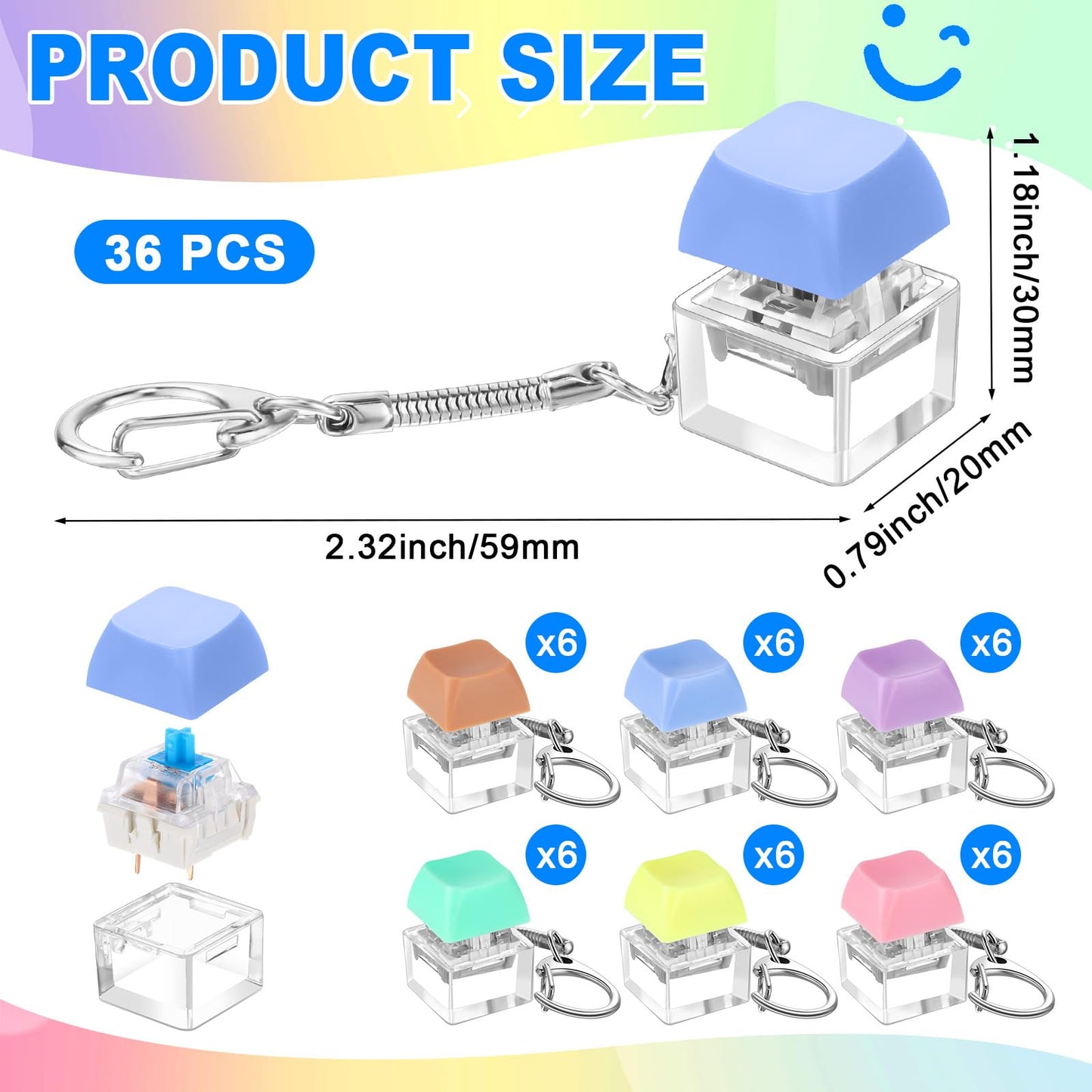 Seeloowy 36 Pcs Keyboard Fidget Clicker Keyboard Keychain Decompression Relief Toys Button Stress Relief Gifts for Adults Pass the Time Office Party Favors (Classic Color)