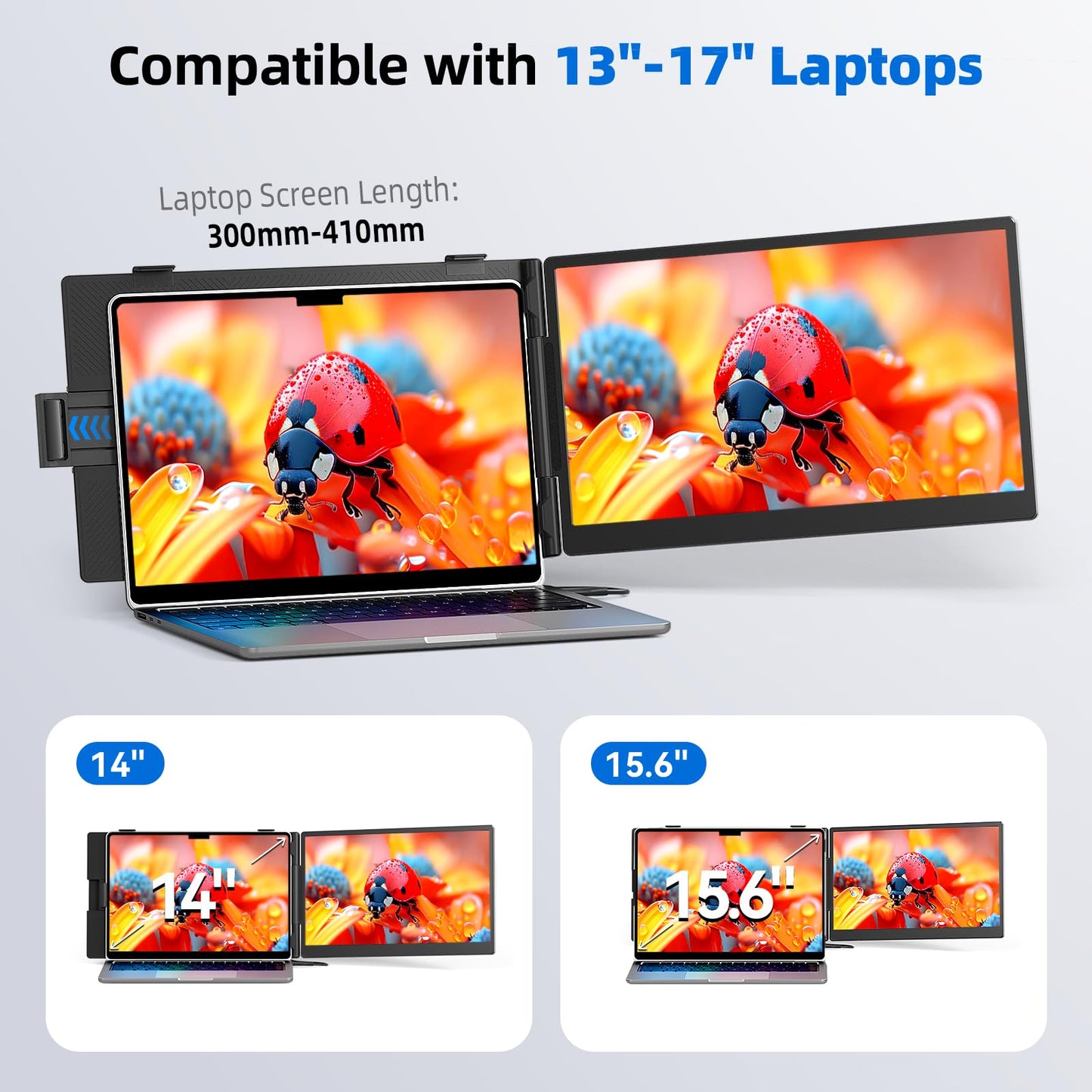 DZVW Laptop Screen Extender 14", FHD 1080P Portable Monitor for Laptop, Light Monitor Extender Plug&Play, IPS Display Computer Monitor for Laptop 13-17” (Screen Length: 11.81"-16.14") for Travel Work