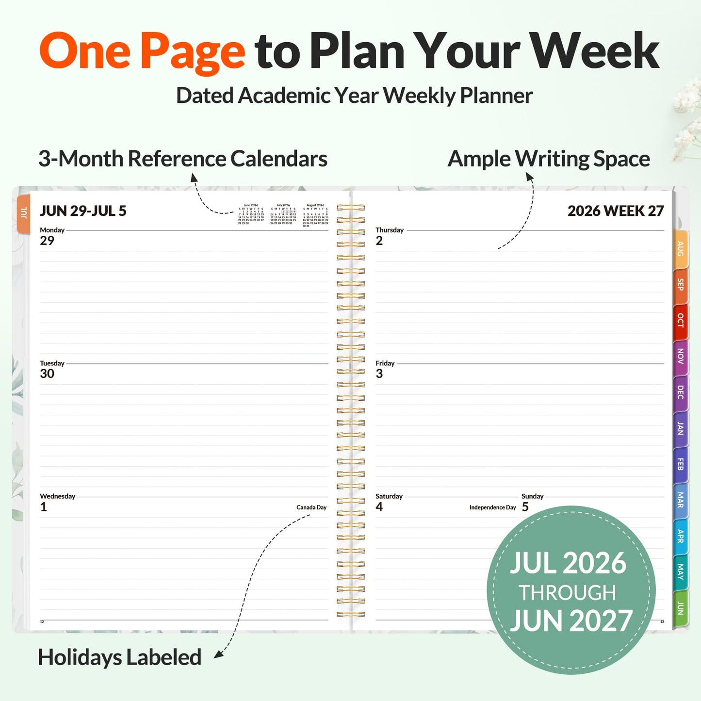 SUNEE Academic Planner 2026-2027 – Weekly & Monthly Planner, July 2026 to June 2027, 8.5"x11", Thick Paper, Tabs, Pockets, Bookmark, Spiral-Bound, Student Teacher Organizer, Greenery