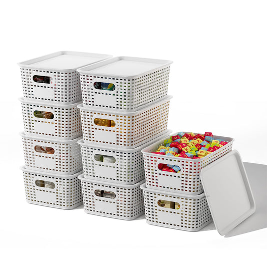 ORGIDOL Plastic Storage Basket with Lids 10 Pack Stackable Storage Bins Containers with Lid, Decorative Storage Boxes for Organizing Shelves, Drawers, Playroom, Classroom, Office, Closet, White