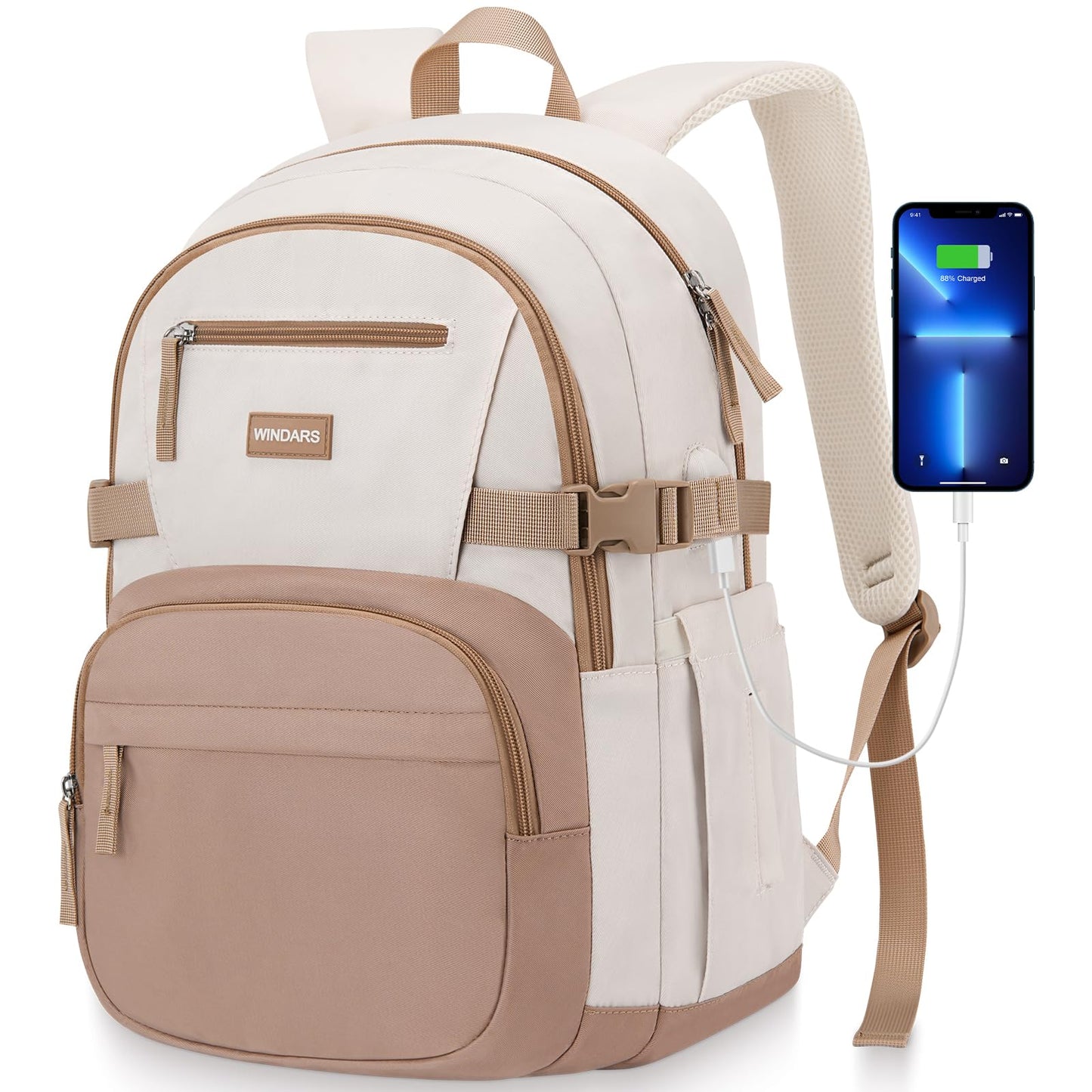 WINDARS Backpack for School Girls, Cute High School Backpacks for Teens Women Student Large Bookbag 15.6 Inch Laptop Bag with USB Charger Port for College Work Travel Trip (Khaki Beige)
