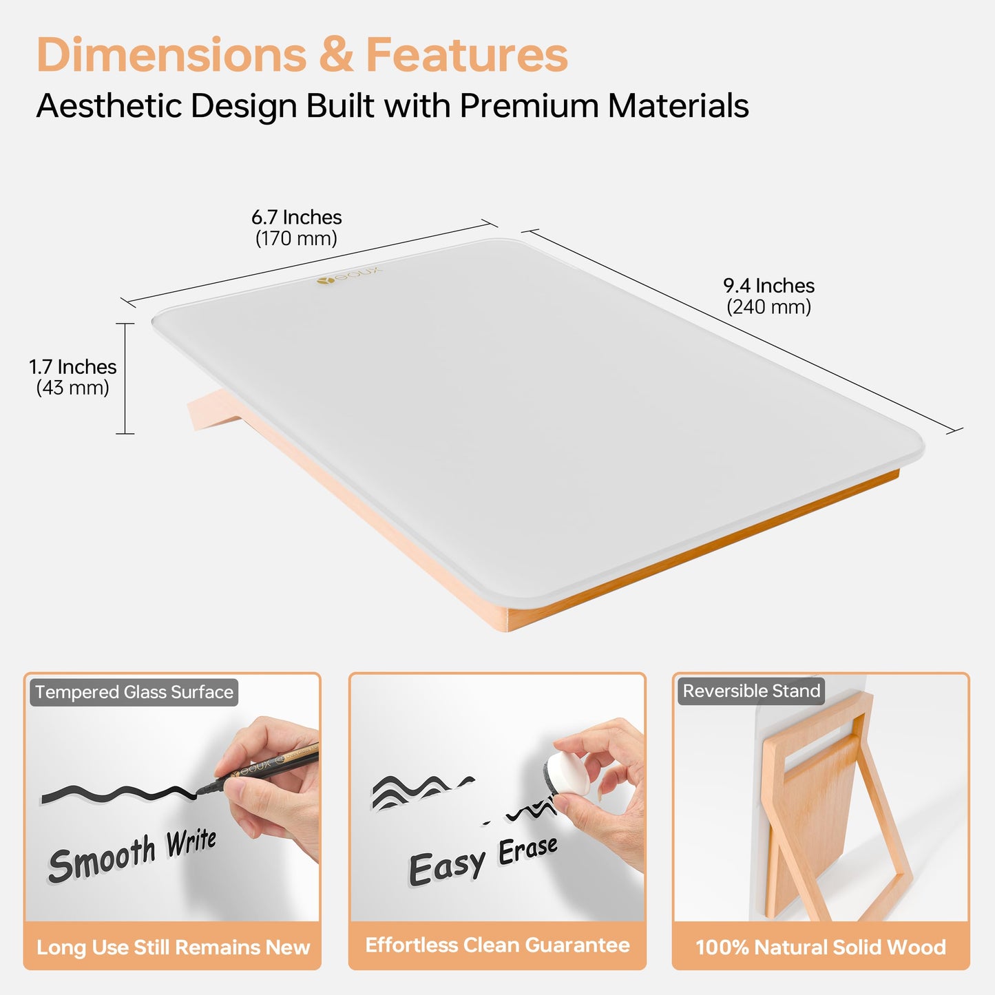 Desktop Glass Whiteboard with Reversible Wood Stand, Small White Board, Mini Dry Erase Whiteboard Easel for Desk, Reusable Desk Notepad 9.5"x6.7" for Home, Office, Accessories Included, Yeoux