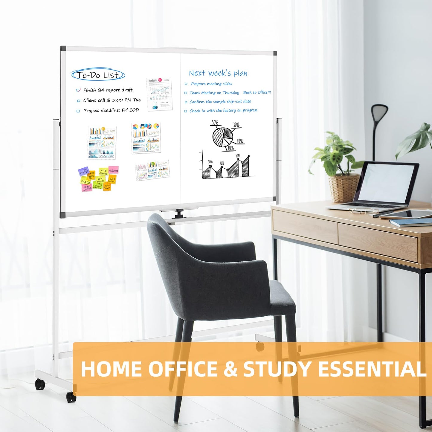 WALGLASS Rolling Dry Erase Whiteboard, 48"x36" Double-Sided White Board on Wheels, Large Portable White Board with Stand, Mobile Standing Whiteboards for Office, Home, School, Classroom 4x3 ft