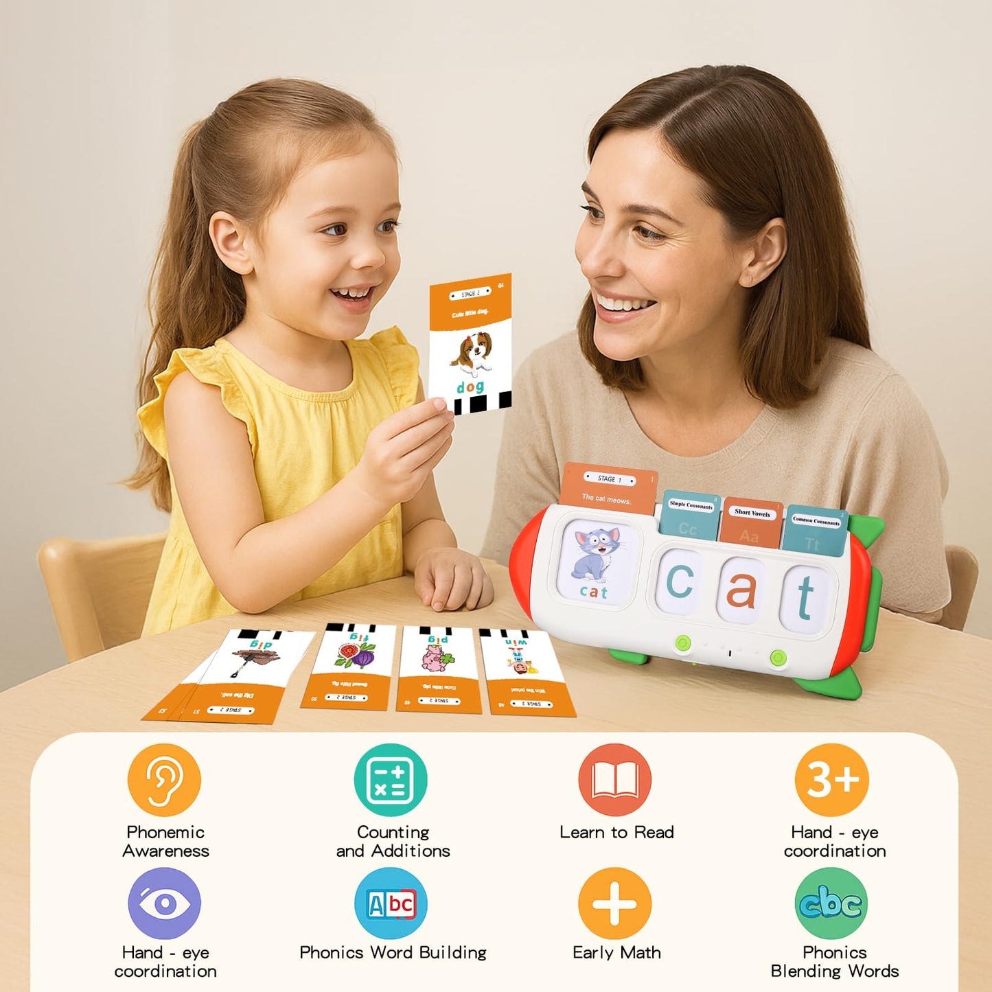 Phonics Flash Cards for Kids 3-8 - Learn to Read, Letter Sounds & Word Blending, Master Math Challenge- Homeschool Classroom Phonemic Awareness Toy, Preschool Kindergarten Learning Activities Gift