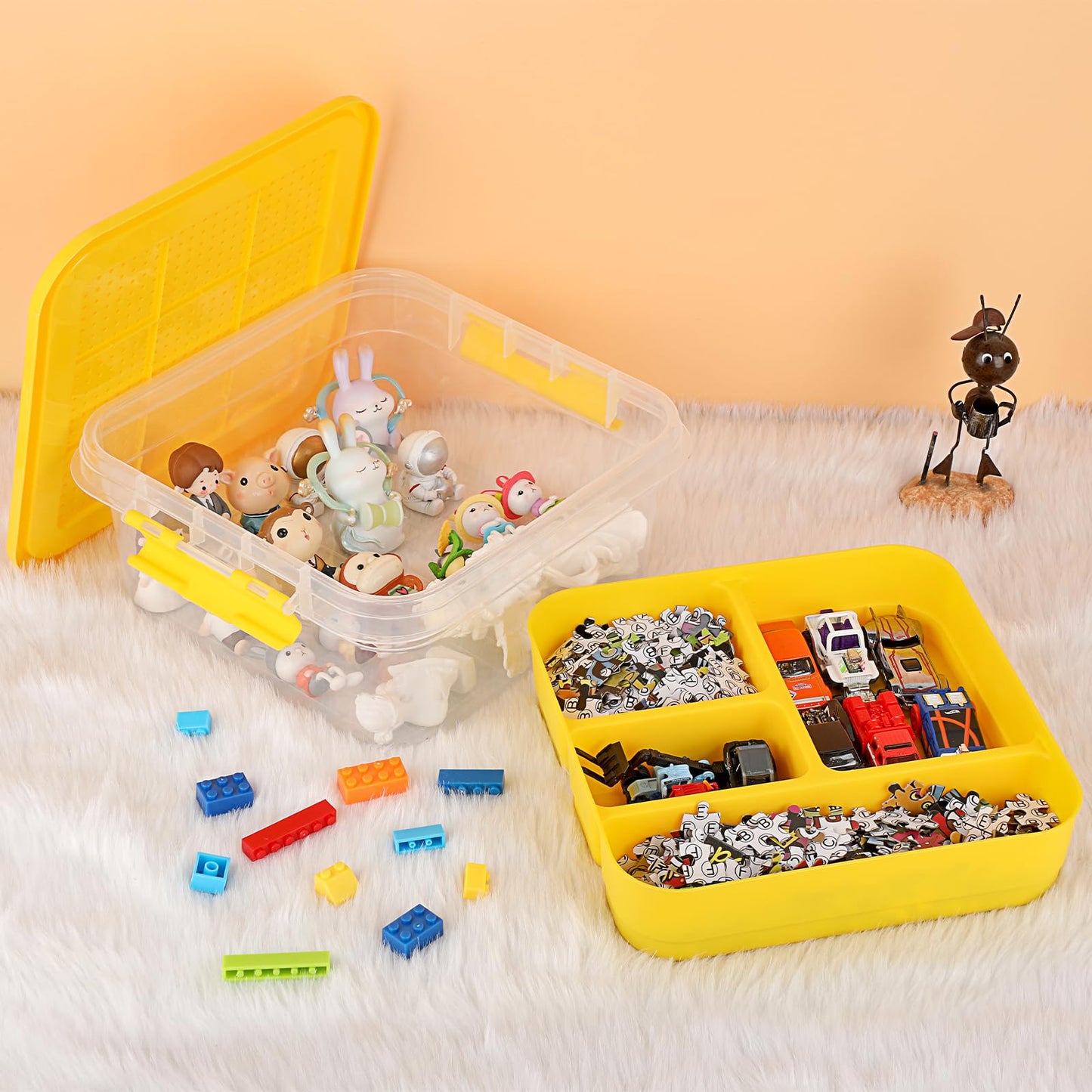 OGANAZI Plastic Storage Container with Bricks Baseplate Lid for Building Blocks, Bricks Building Set Organization Bin with Compartments Tray, Stackable Storage Box Building Block Chest Case (Yellow)