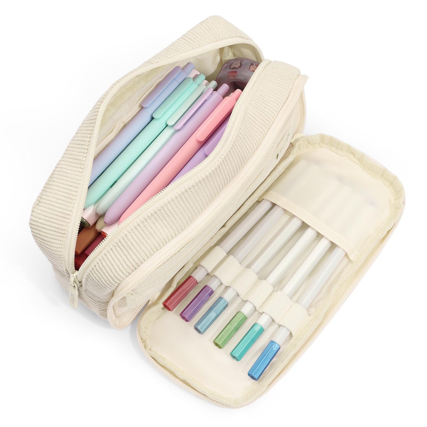SUNEE Pencil Case, Large Capacity Pencil Pouch, Aesthetic Big Pen Bag, Soft Corduroy Fabric Pen Box for Office Stationery Organizer School Supplies Multifunctional for Teen Boys Girls Women Men, Cream