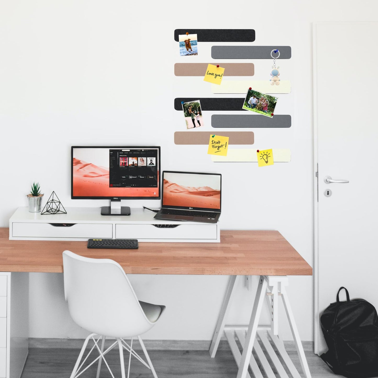 HULAVO 8Pcs Rectangle Felt Cork Board Bar Strips with 35 Pushpins, Self-Adhesive Bulletin Board Strips for Office School Home Wall Decor Stickers Memos Schedules Photos Display -Camel & Grey