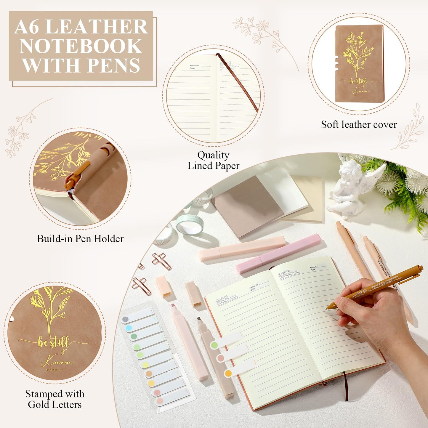 Singhoow 29 Pcs Bible Journaling Supplies Kit 16 oz Glass Cup Canvas Bag Leather Notebook Highlighters Pens Sticky Note Tapes Bible Study Supplies for Women Sunday School Teacher(Boho, Khaki)