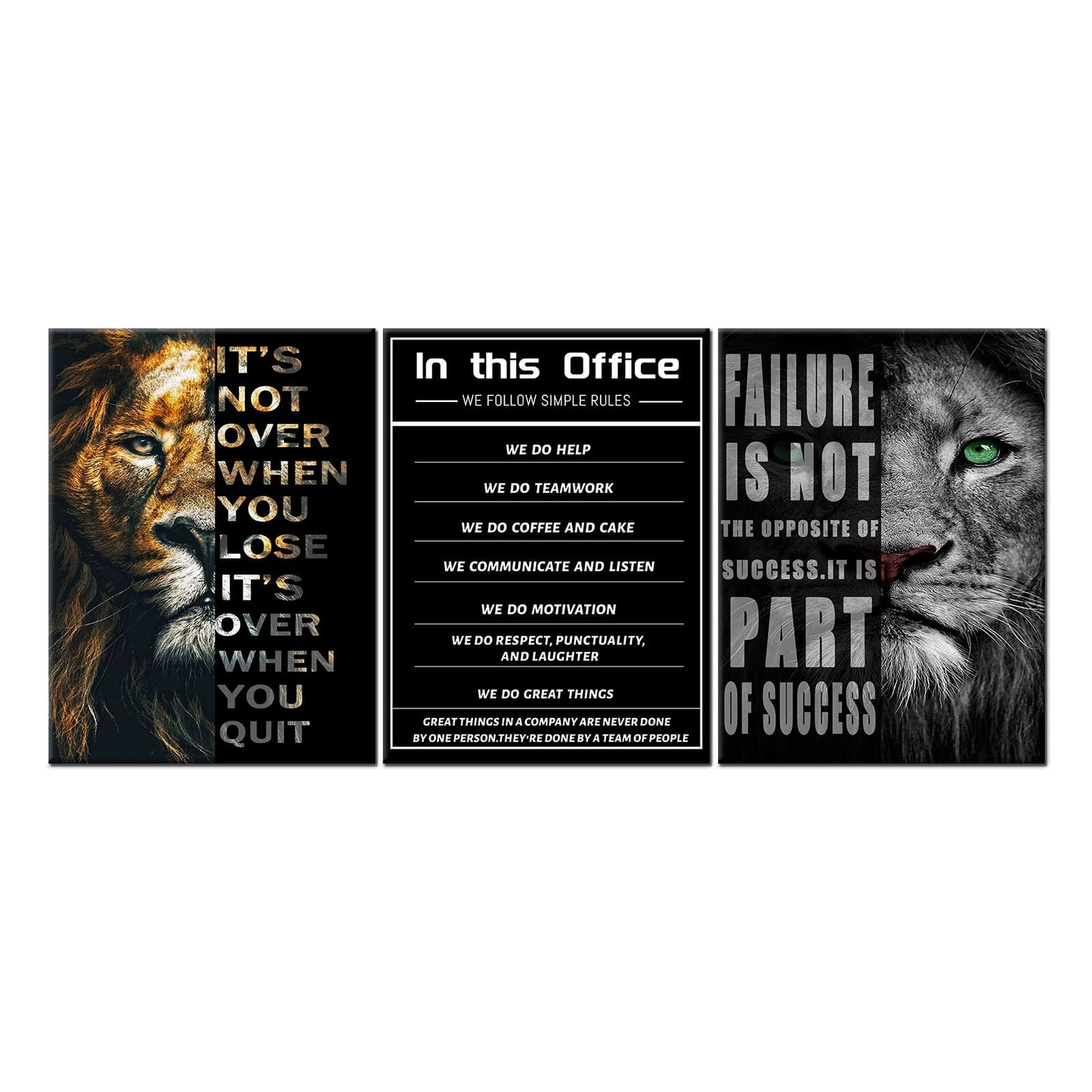 PSYYSP 3 Piece Canvas Wall Art Lion Office Values Posters, Black Motivational Triptych Wall Decor for Office, Bedroom, Dorm, Business Workspace, Framed Canvas 36x16inch