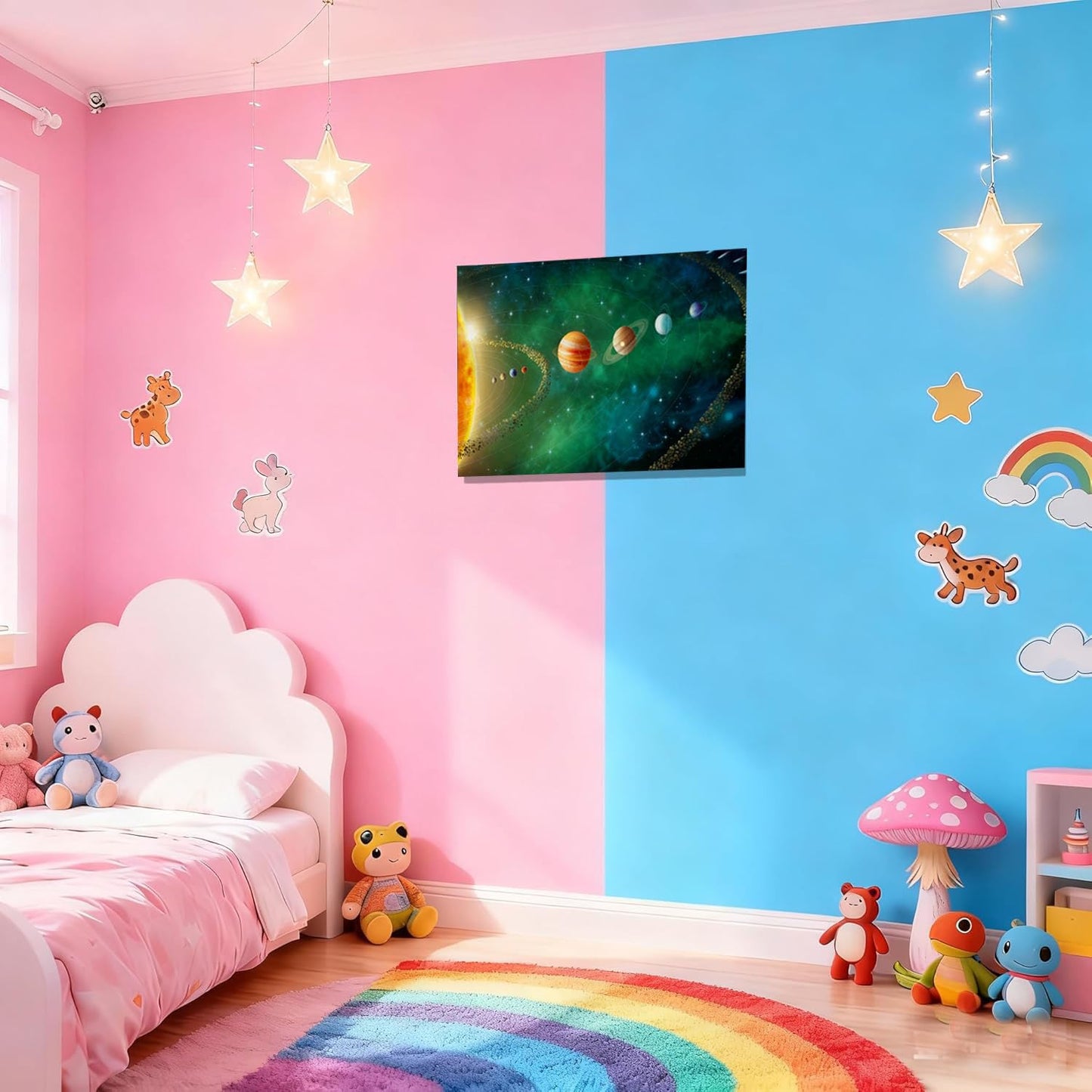 12x16 Framed Solar System Space Canvas Wall Art Green Galaxy Planets Astronomical Decor Kids Bedroom Cosmic Wall Pictures Teen Boy Room Universe Galaxy Poster Child Office Study Room Art Prints