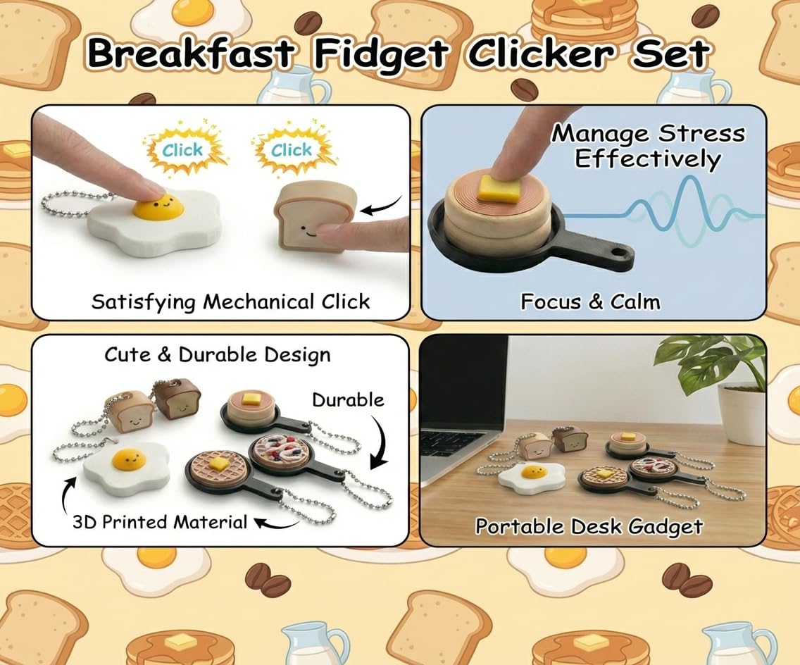 Breakfast Fidget Clicker Set – 6-Pack Clicker Keychains Cute 3D Printed Egg, Toast, Pancake & Waffle Fidget Accessory for Relief of Stress and Backpack Charm