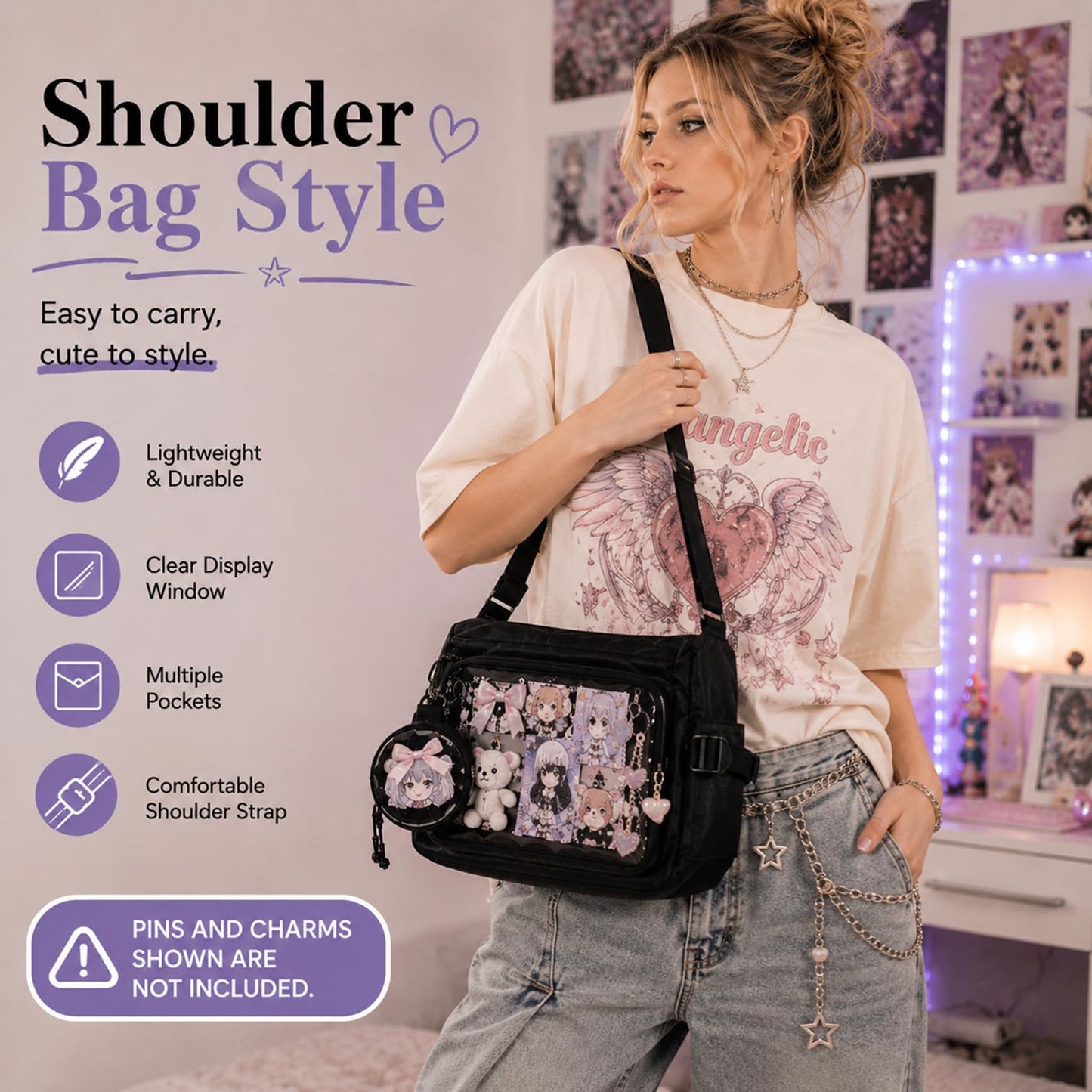 Inshere Ita Crossbody Bag, Nylon Messenger Bag with Clear Display Window and Detachable Pin Display Bag, Kawaii Shoulder Purse with Multiple Pockets, Black