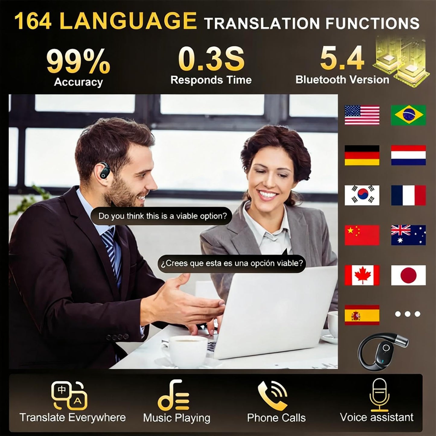 NAMYVERA AI Translation Earbuds Real Time 80H Playtime 164 Language Translator Earbuds Audifonos Traductores Wireless Bluetooth Headphones for Global Travel Business Meeting Learning