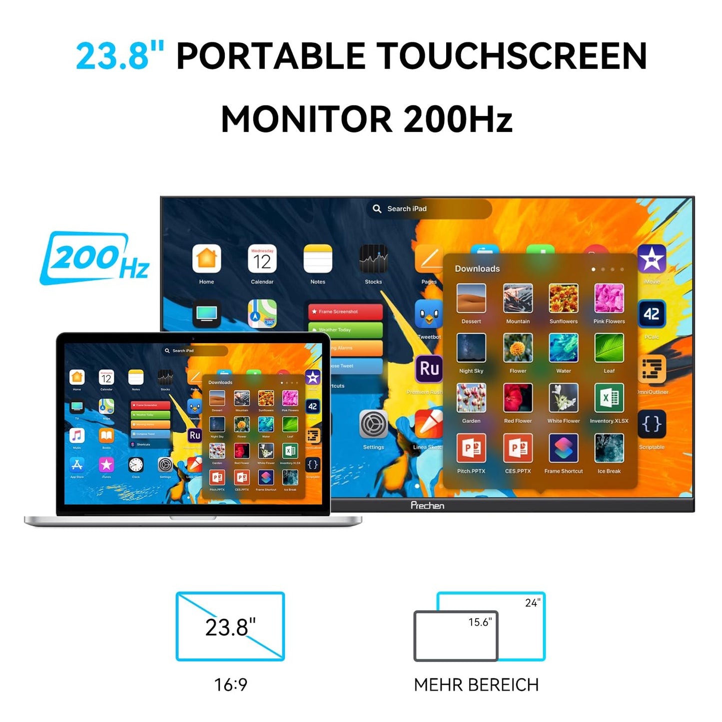 Prechen 23.8" 200hz Portable Touchscreen Monitor 99% sRGB VA FHD 1080P, VESA, Built-in Speaker, w/90°Adjustable Stand USB-C HDMI External Second Touch Screen Display for Laptop/PC/Phone