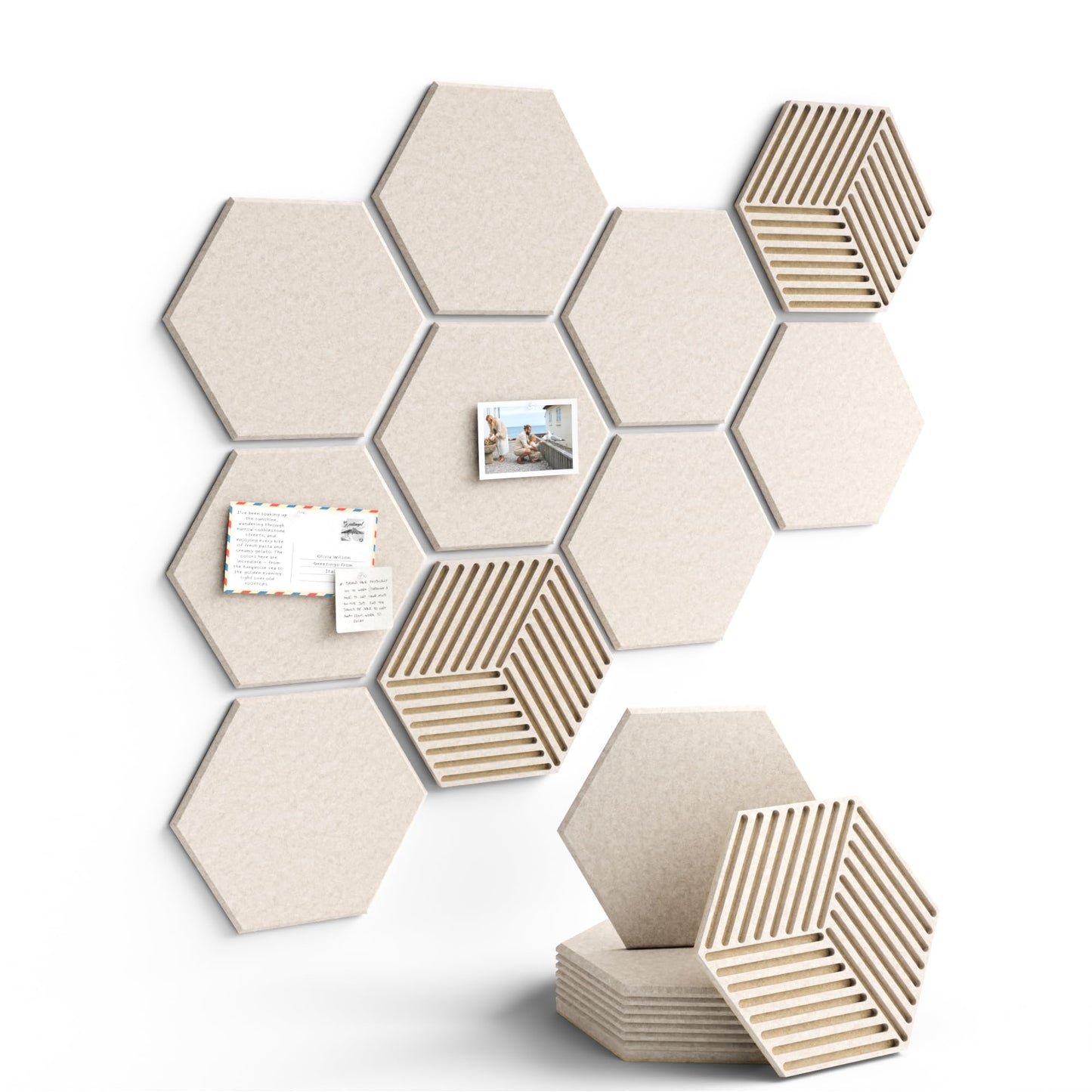Fluxynara Hexagon Cork Board Alternative for Walls Decor-10-Pack Felt Bulletin Board Tiles,with 30 Pushpins,50 Adhesive Tabs for Office,Classrooms & Home Pin Board Felt Board-Oatmeal