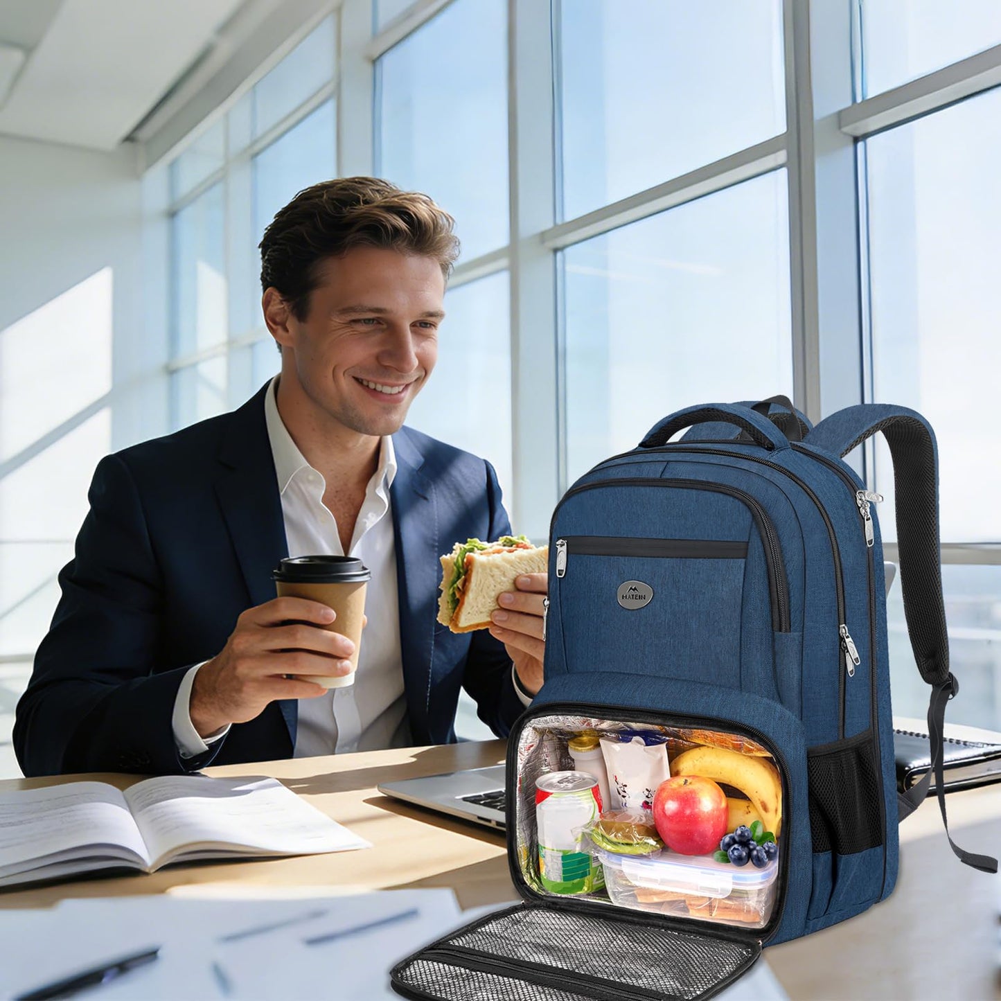 MATEIN Backpack Lunch Box, Water Resistant Mens Lunch Backpack for Work with 18 Inch Laptop Compartment, TSA Flight Approved Travel Bookbag with Luggage Strap, Extra Large Insulated Cooler Bag