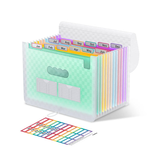 ThinkTex Accordion File Organizer, 12 - Pocket Expanding File Folders for Paper Receipts, Bills & Taxes Organizer, Letter/A4 Size Document Holder for School, Office, Home with Colorful tabs- Green