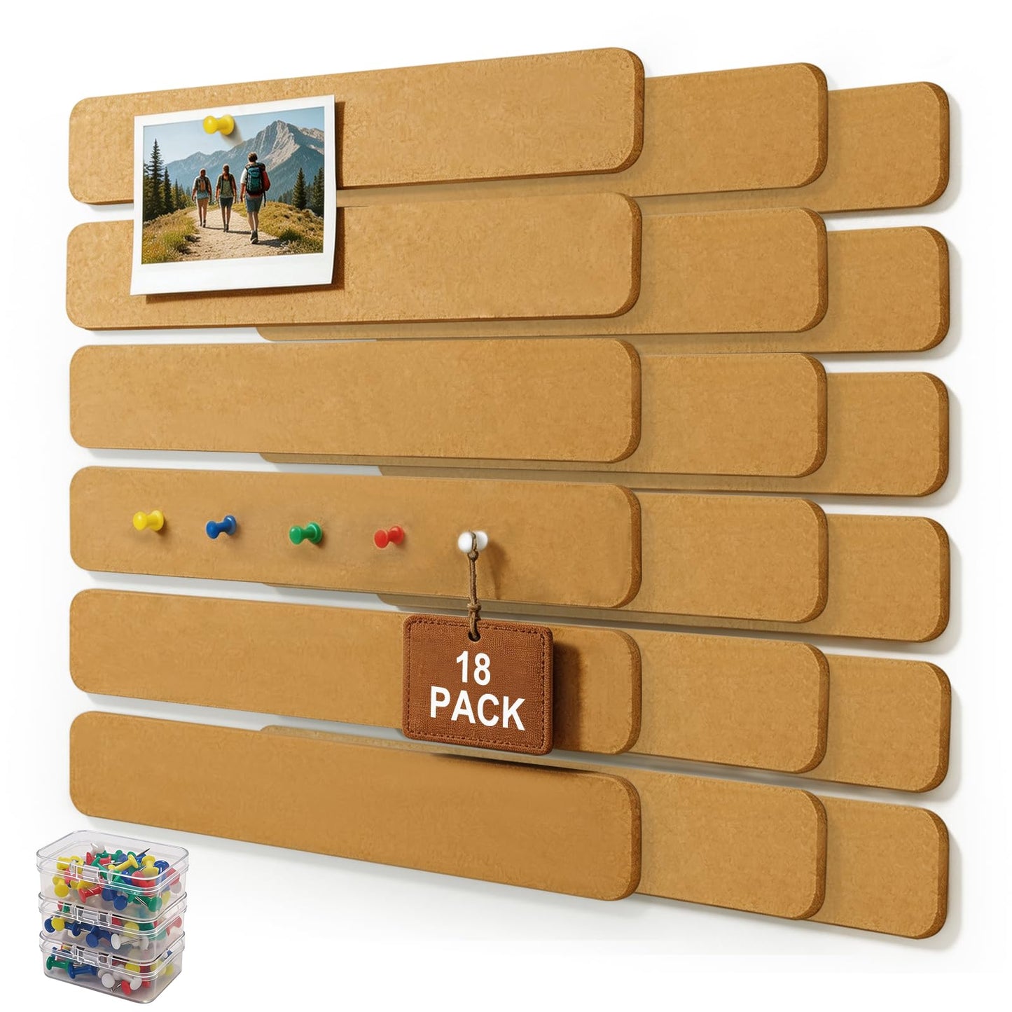 Fushing Cork Boards Felt Bulletin Boards, 13"x2" Pin Boards with Push Pins, Self-Adhesive, No-Drill Wall Mount Pin Boards for Classroom, Office, Home, Dorm, Bedroom Door (18)