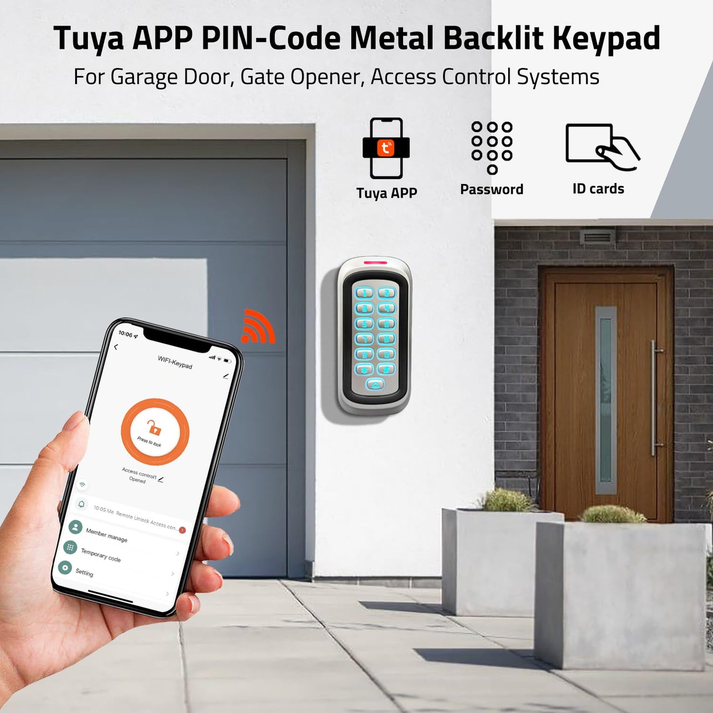 Wireless WiFi Access Control Keypad, 12V DC Metal Door Access Control System, IP68 Waterproof, TUYA Wireless Remote Unlock, Universal Keyless Entry Keypad for Garage Door Opener, Gate Opener