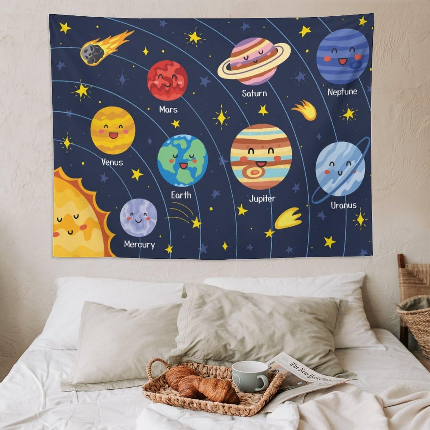 DDCBNS Cartoon Solar System Tapestry for Kids Boys Girls,Cute Outer Space Planet Universe Galaxy Print Tapestry Wall Hanging Home Décor for Study Bedroom Living Room Nursery 80" x 60"
