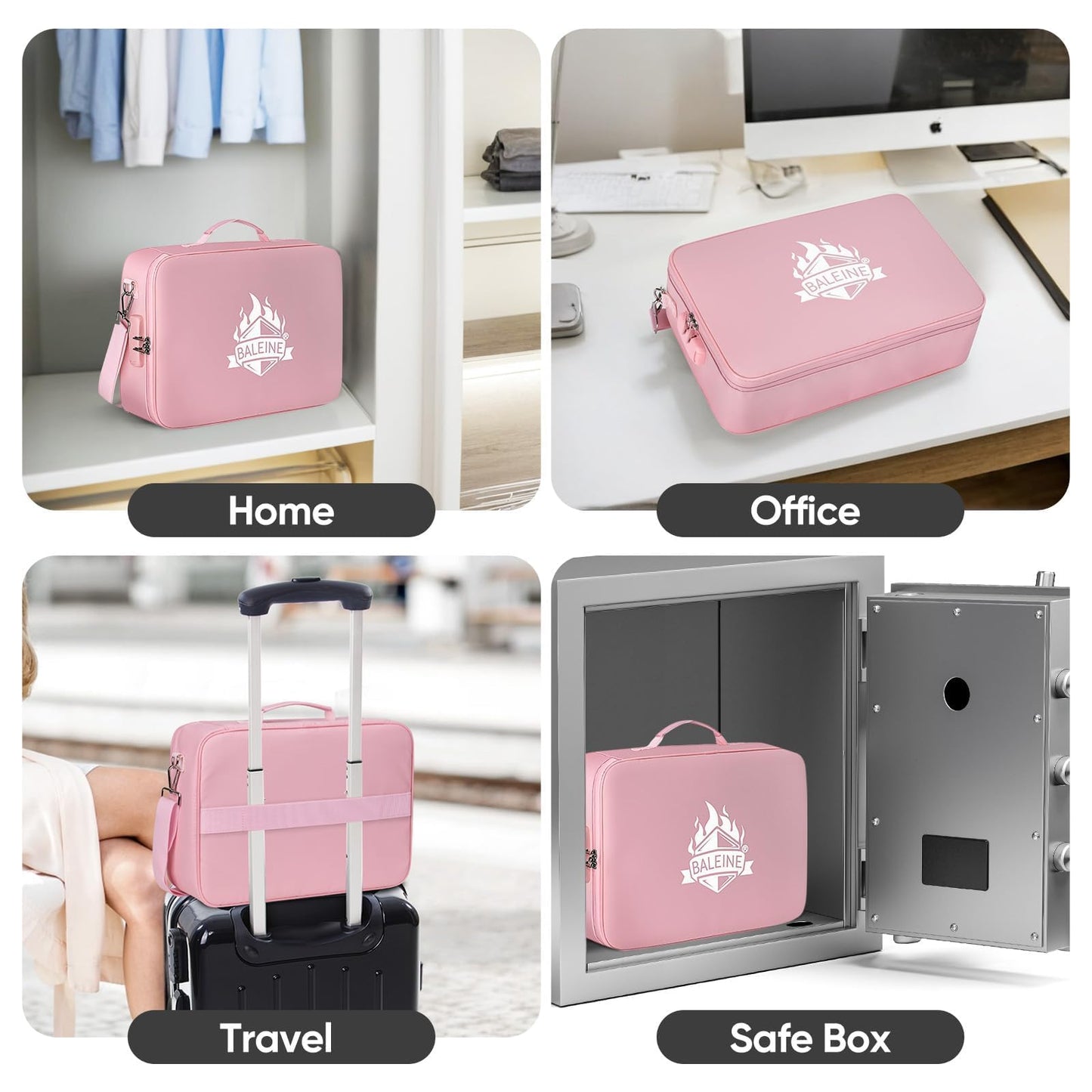 BALEINE Fireproof Document Box with Lock, Portable Fireproof Document Bag Waterproof Fire Proof File Boxes for Documents, File Organizer Box for Important Paperwork (Pink, 15''x11''x4'')