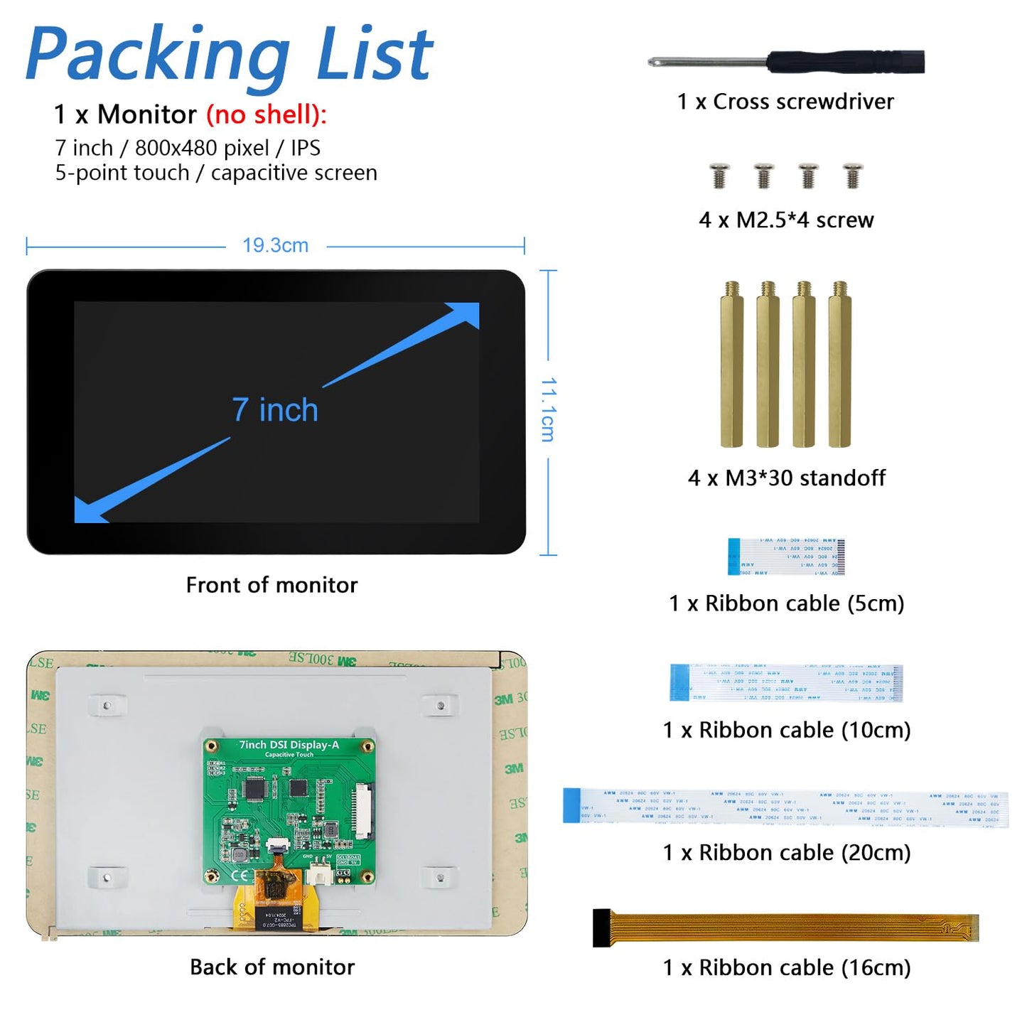 FREENOVE 7 Inch Touch Display for Raspberry Pi 5 4 B 3 B+ A+, 800x480 Pixel IPS Monitor, 5-Point Capacitive Touchscreen, Driver-Free MIPI DSI Port