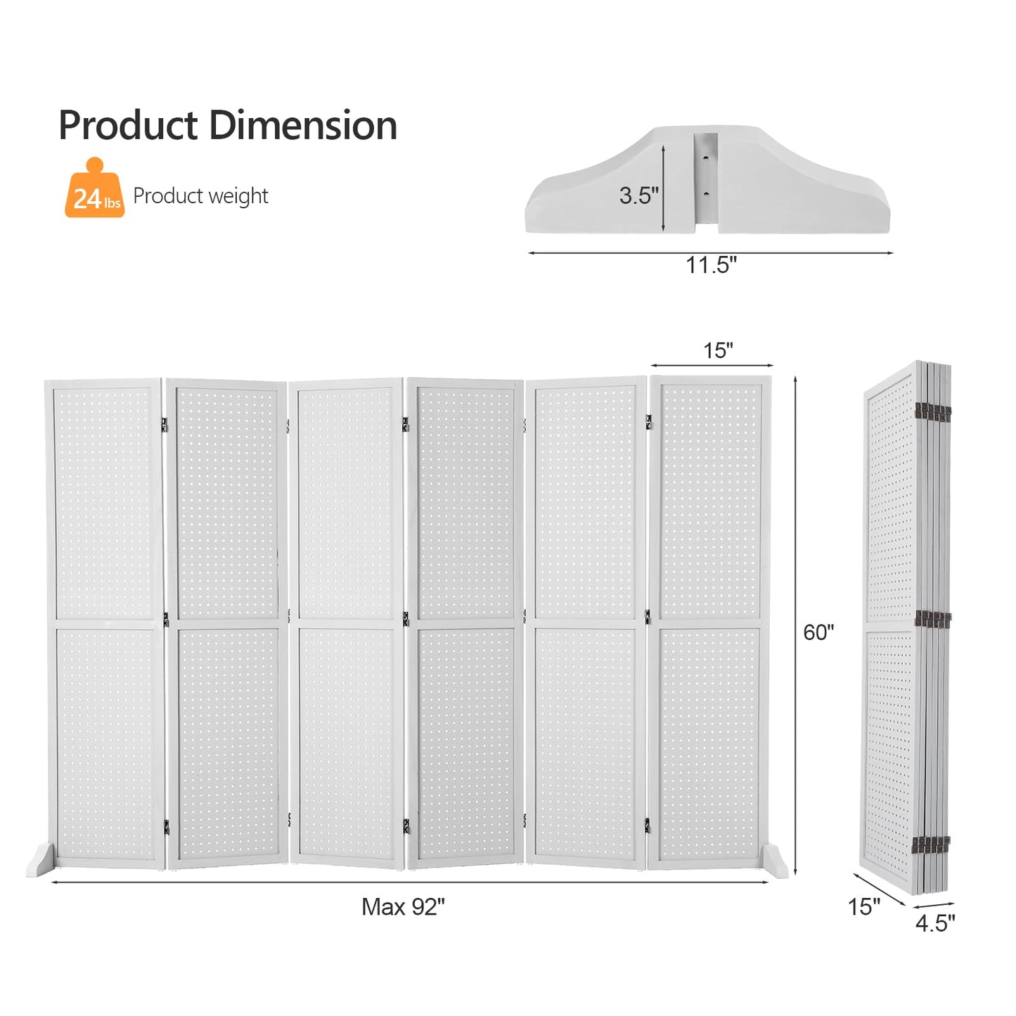 Bonnlo 4/6 Panel Pegboard Freestanding, 5 FT Portable Display Board Organizer for Craft Show Jewelry, Wooden Folding Privacy Screen Room Divider (White, 6 Panel with Base)