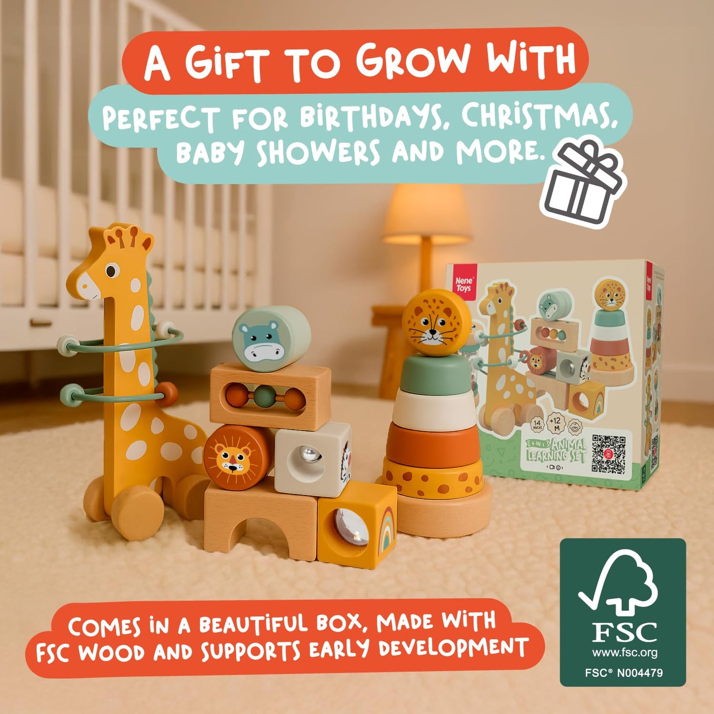 Nene Toys Montessori Toys for 1 Year Old – 4-in-1 Wooden Sensory Toy Set with Stacking Rings, Rainmaker, Giraffe Bead Maze & Activity Blocks – Educational Gift for Toddlers, Boys & Girls Age 1+