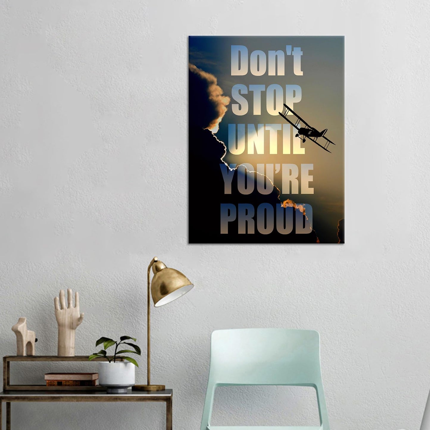 YSPCSUN Inspirational Poster for Office Canvas Wall Art, Don't Stop Until You're Proud Airplane Quote Print for Home Office Dorm Classroom, Single Panel Wall Decor 24x18inch