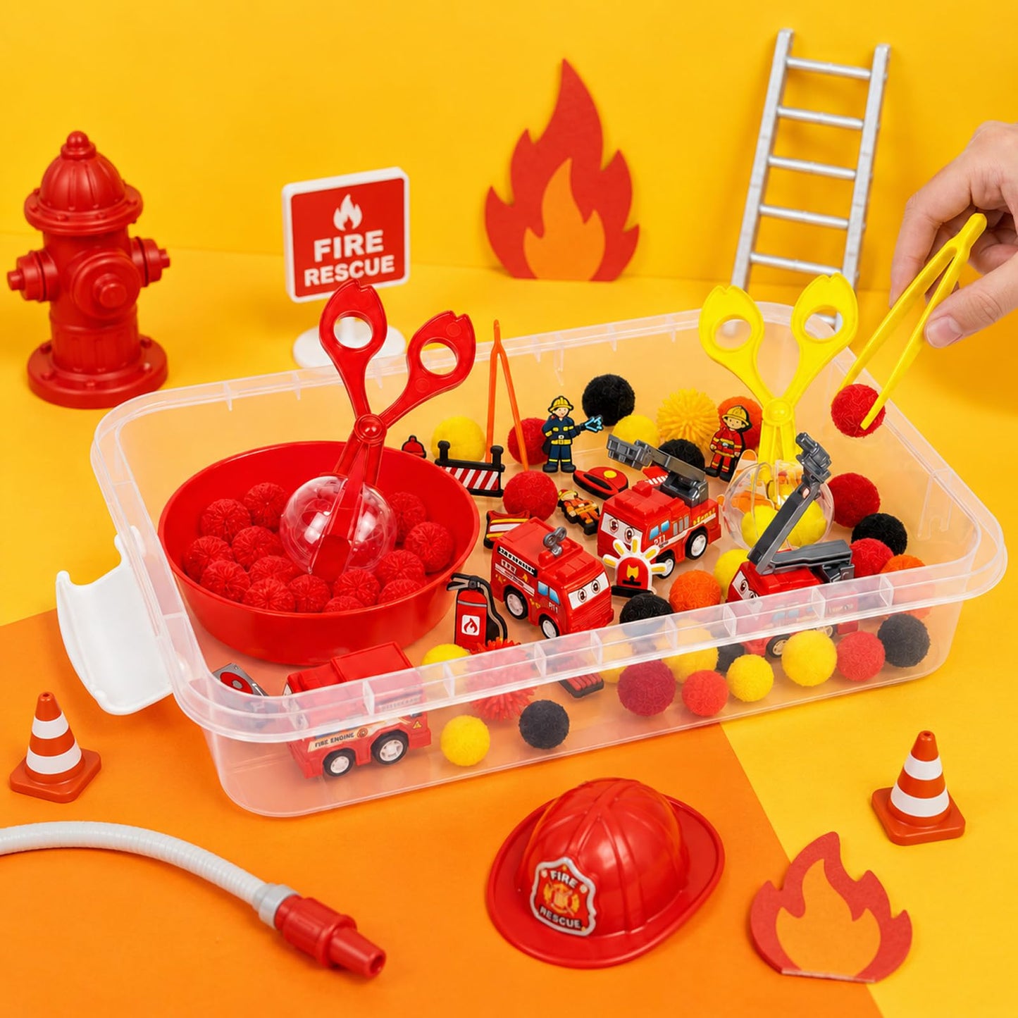 Cinrobiye 138 Pcs Firefighter Sensory Bin Fillers Set Fire Truck Rescue Theme Kit with Fireman Figures Traffic Barriers Storage Box for Fire Station Scene Setup and Learning Resources