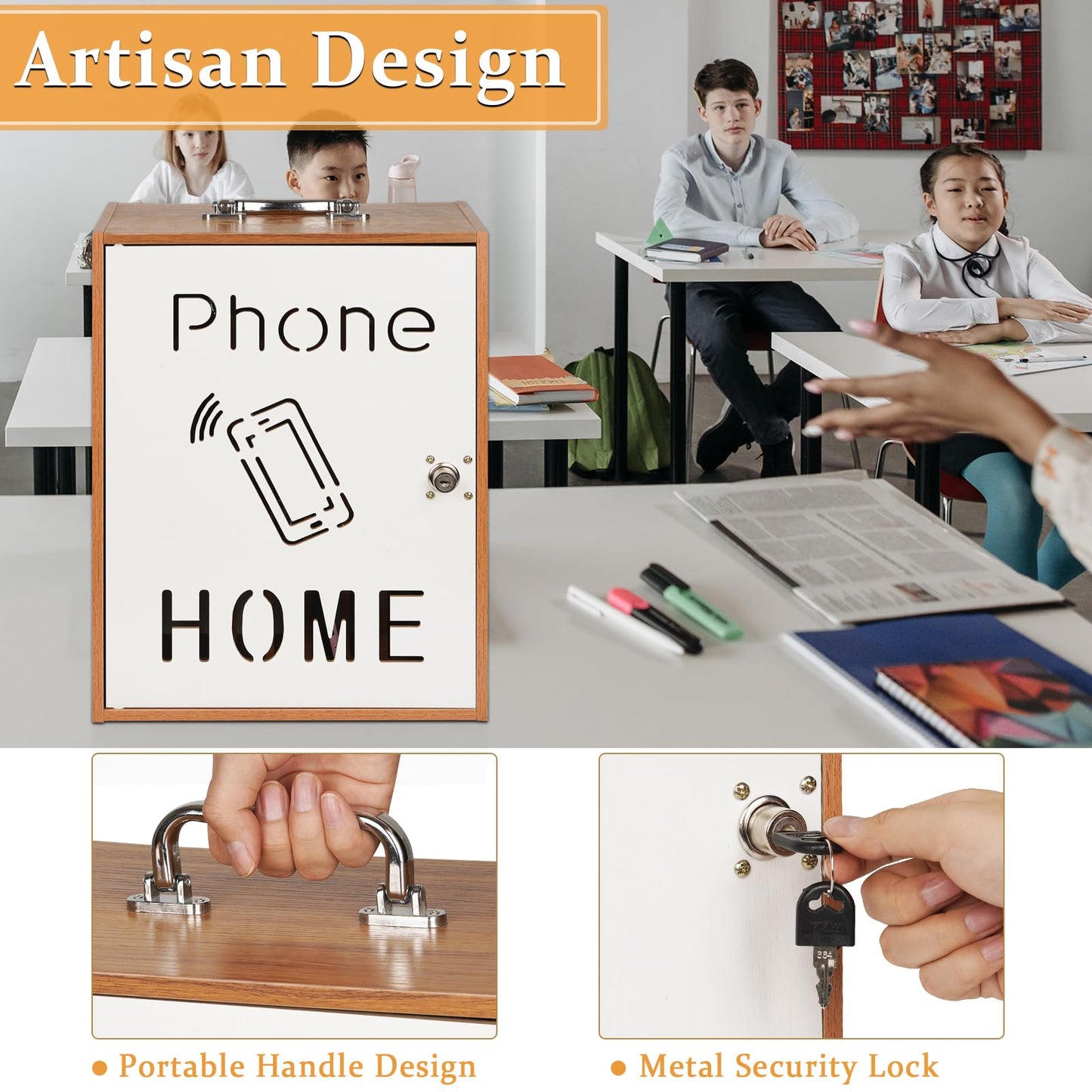 Lzttyee Cell Phone Holder Classroom 36 Slots Wooden Cell Phone Storage Cabinet Pocket Chart with Handle and Security Lock for Classroom Office (36 Grid Cabinet Cherry)