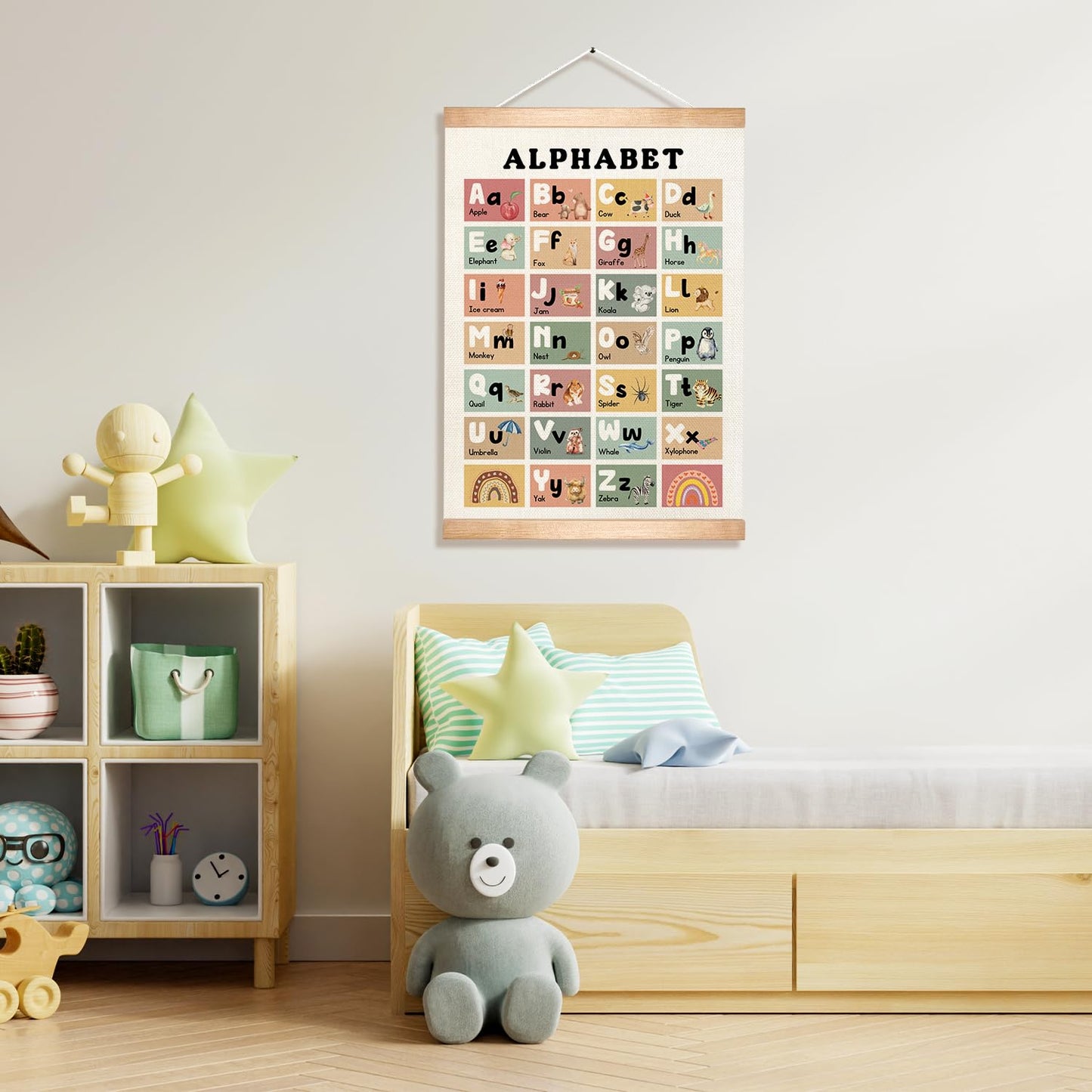 Educational Alphabet Chart Wall Art, 18.5x14Inch Colourful Alphabet Canvas Print Poster with Wooden Henger, Classroom Learning Posters, A-Z Letters Wall Art Decor for Nursery,Playroom and Home School