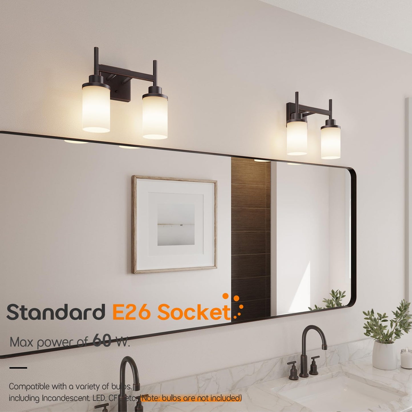 AONEON Wall Lights Over Mirror, 2-Light Oil Rubbed Bronze, Frosted Glass, Model T001ORB-L2, Double Wall Sconces for Bathroom and Hallway