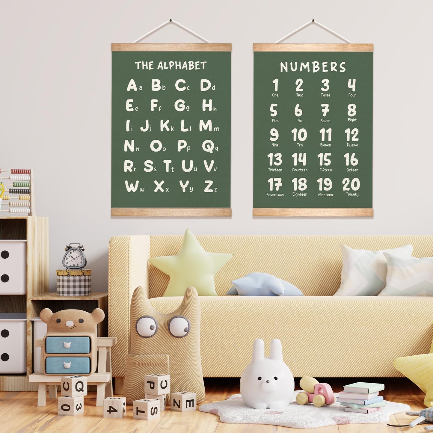 Educational Wall Art Set of 2, Numbers 1-20 and Alphabet Chart, Learning Posters for Toddler ,ABC Banner Poster, Banner Wall Hanging Decor for Toddler Room Playroom Nursery Wall Classroom Decor (Green)