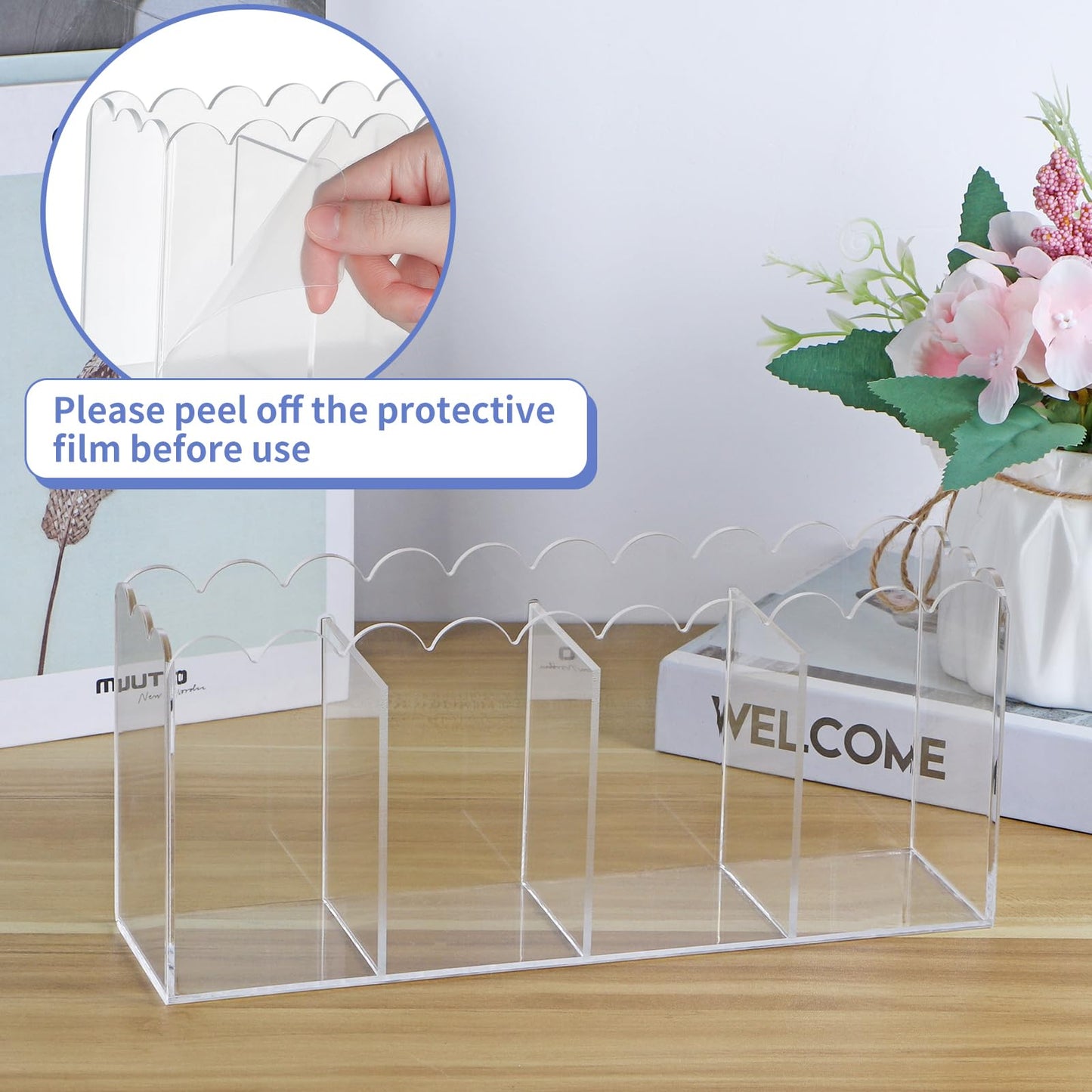 MOLIGOU Acrylic Pencil Holder, 4 Compartments Clear Pen Organizer, Desktop Pencil Holder with Scalloped Edges