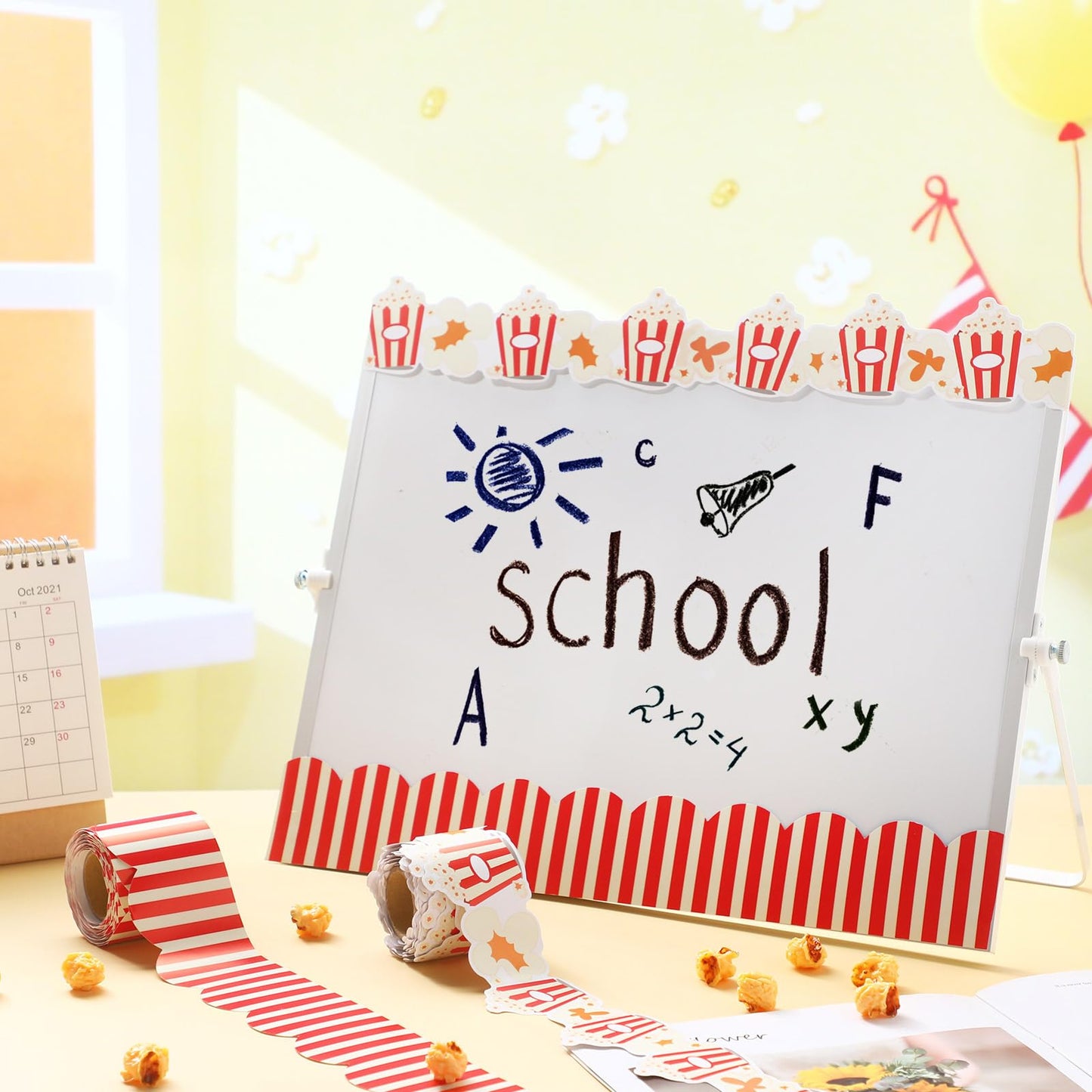 2 Rolls Popcorn Bucket Bulletin Board 32.8 ft Popcorn Strips Bulletin Borders Classroom Decoration Office Scalloped Trim for Back to School Party Classroom Chalkboard Wall Decor