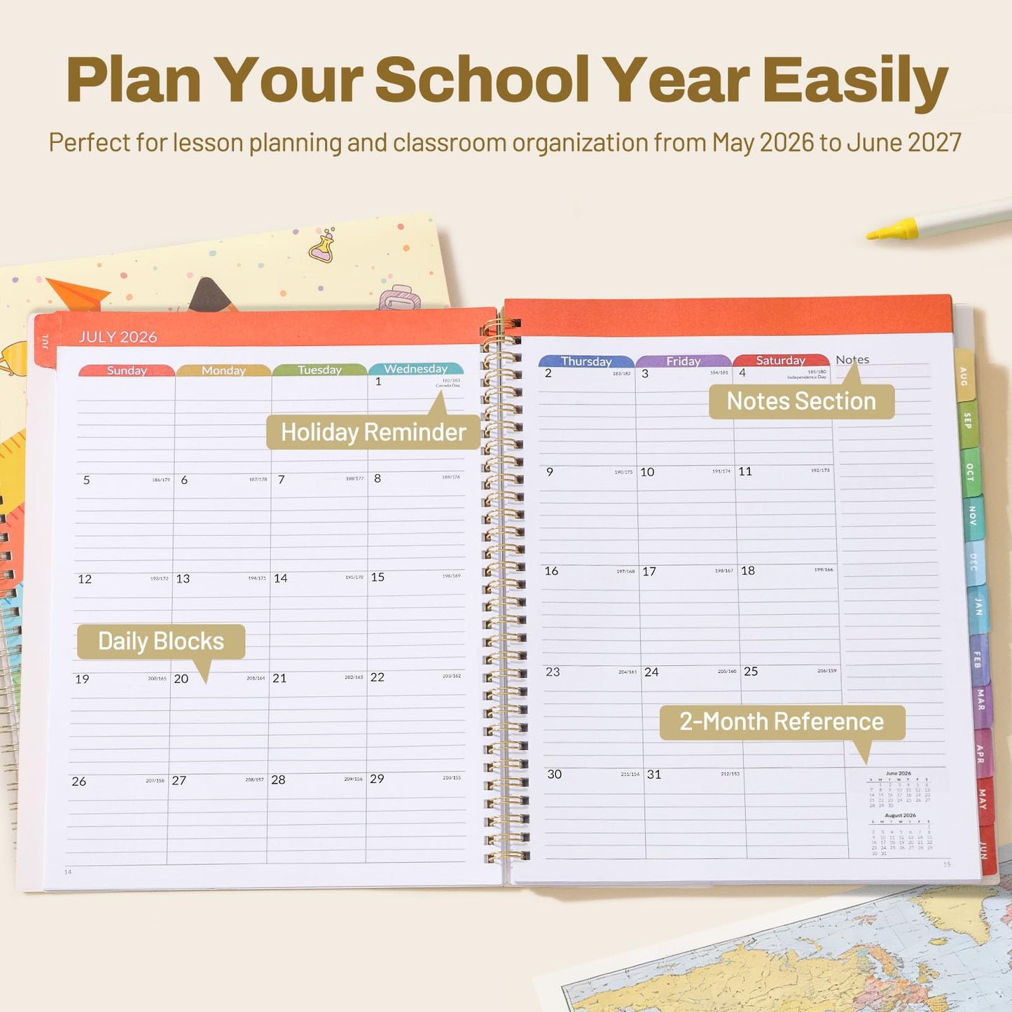SUNEE Teacher Planner 2026-2027 Academic Year, 7 Periods Lesson Plan Book Jul 2026 - Jun 2027, 8.5"x11"Daily Weekly Monthly Organizers Horizontal Layout with Calendars, Bookmark, Tabs, Colorful Pen