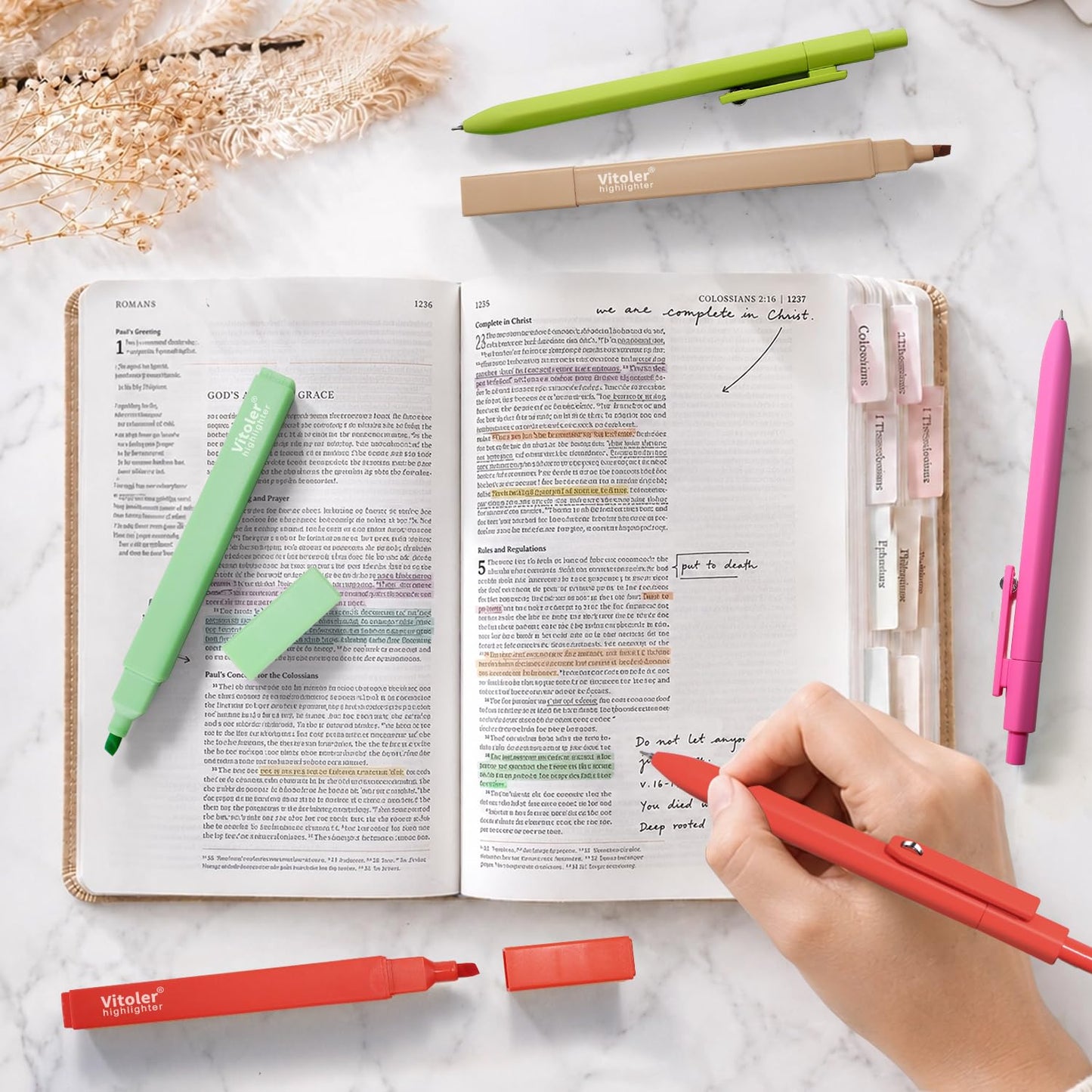 Piochoo Highlighters and Pens, 6PCS No Bleed Aesthetic Highlighters and 6PCS 0.5mm Black Ink Gel Pens for Journaling, School and Office Supplies