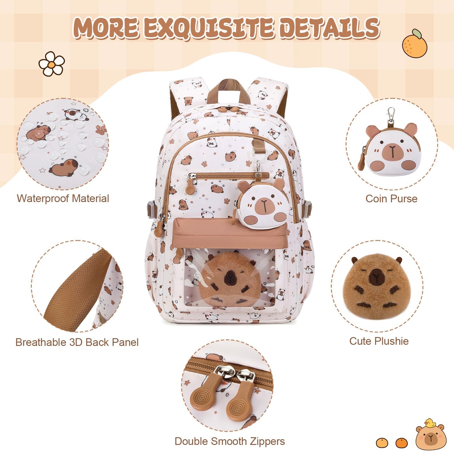 Similove Capybara Theme Backpack for School Girls, 35PCS Kids Backpack Set with School Supplies Stationery Kit Lunch Box Pencil Case, Cute Girls Bookbag for Kindergarten Elementary Student