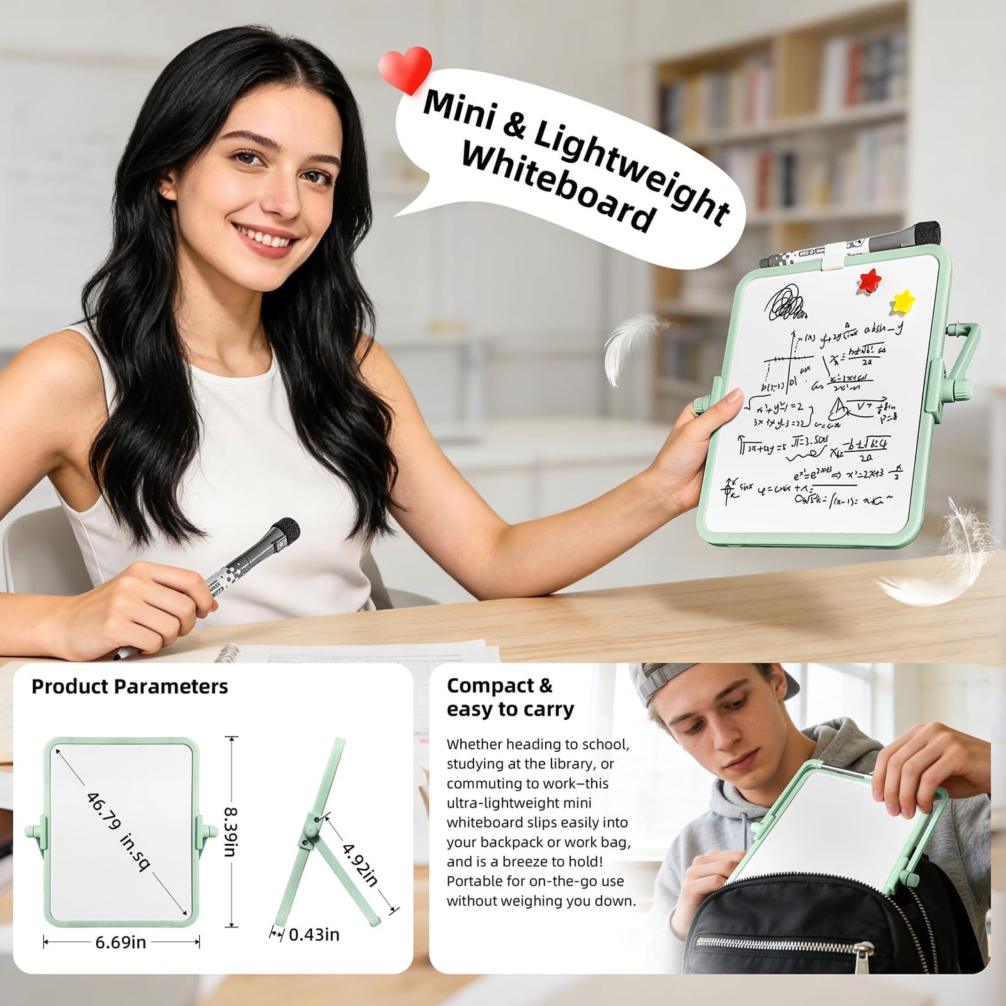FUNISKETCH Magnetic Dry Erase Whiteboard, 6.7x8.4 Inch Double-Sided Desktop Easel with Stand, 2 Eraser Head Markers & 4 Magnets, Portable White Board for Planning, Memo, Office, Home, School（Green）