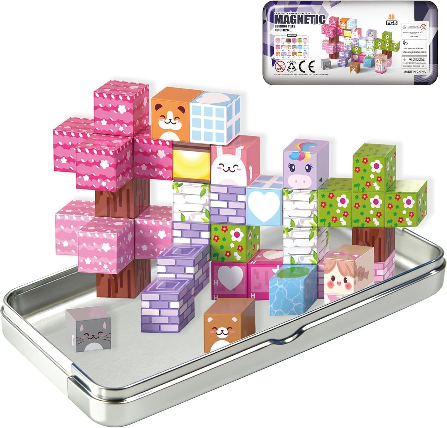 Varaict Magnetic Building Blocks - 40 PCS Animal Cubes Set with Cats Bears Unicorns & Storage Case, STEM Educational Toys for Kids Ages 3-8