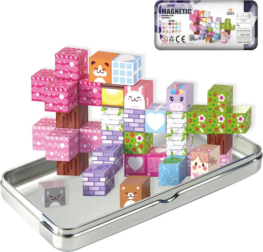 Varaict Magnetic Building Blocks - 40 PCS Animal Cubes Set with Cats Bears Unicorns & Storage Case, STEM Educational Toys for Kids Ages 3-8